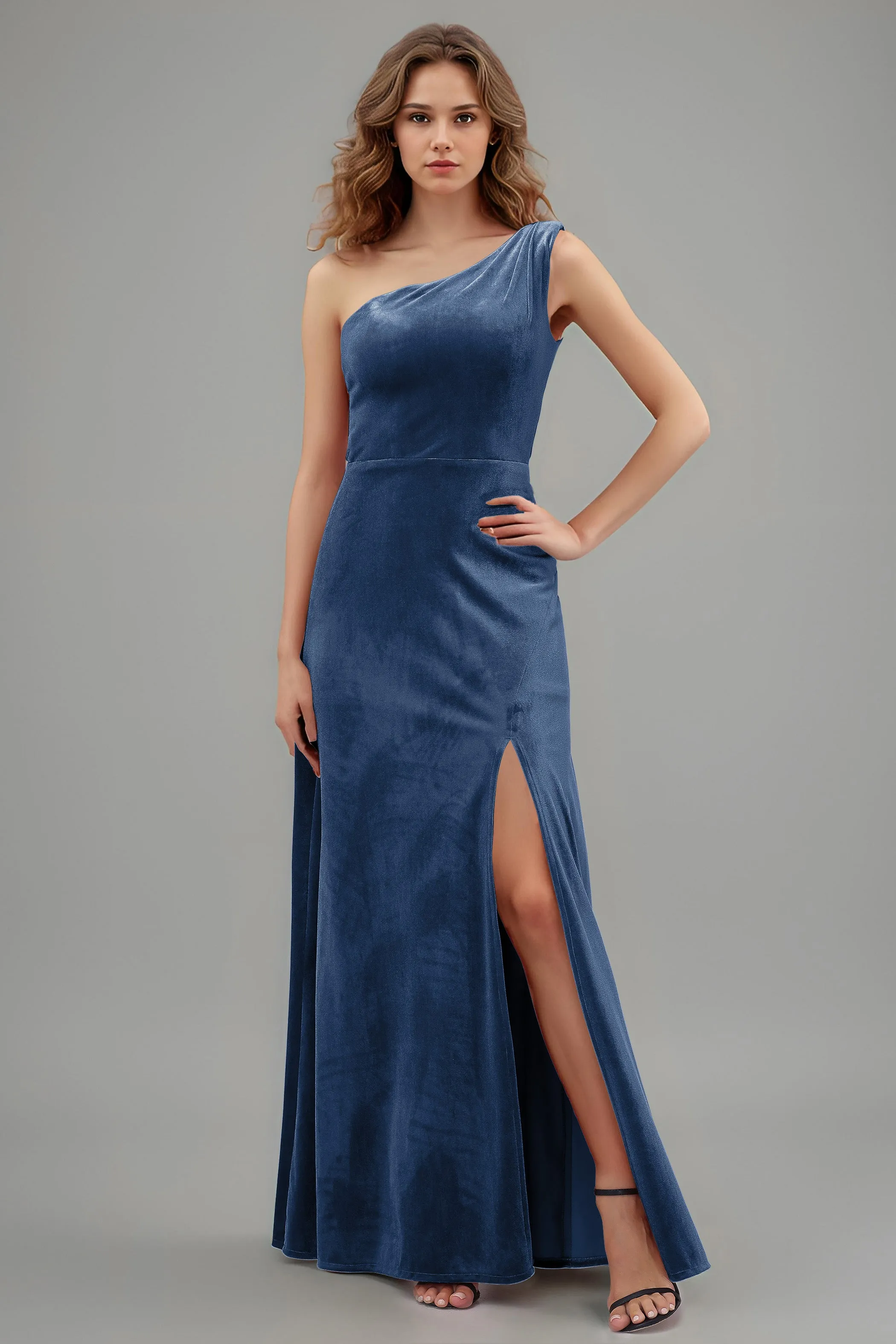 One Shoulder Sleeveless Simple Velvet Bridesmaid Dresses