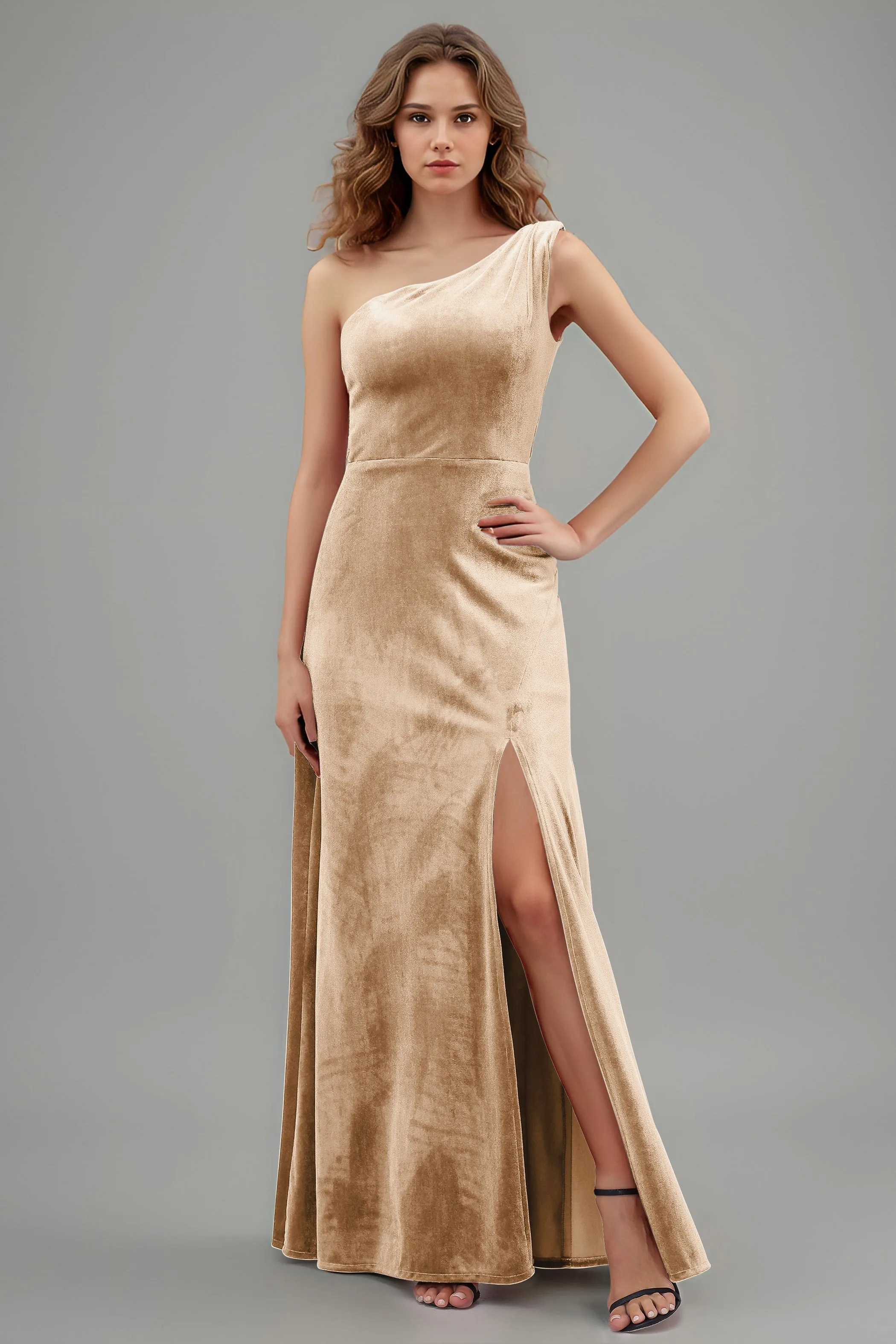 One Shoulder Sleeveless Simple Velvet Bridesmaid Dresses