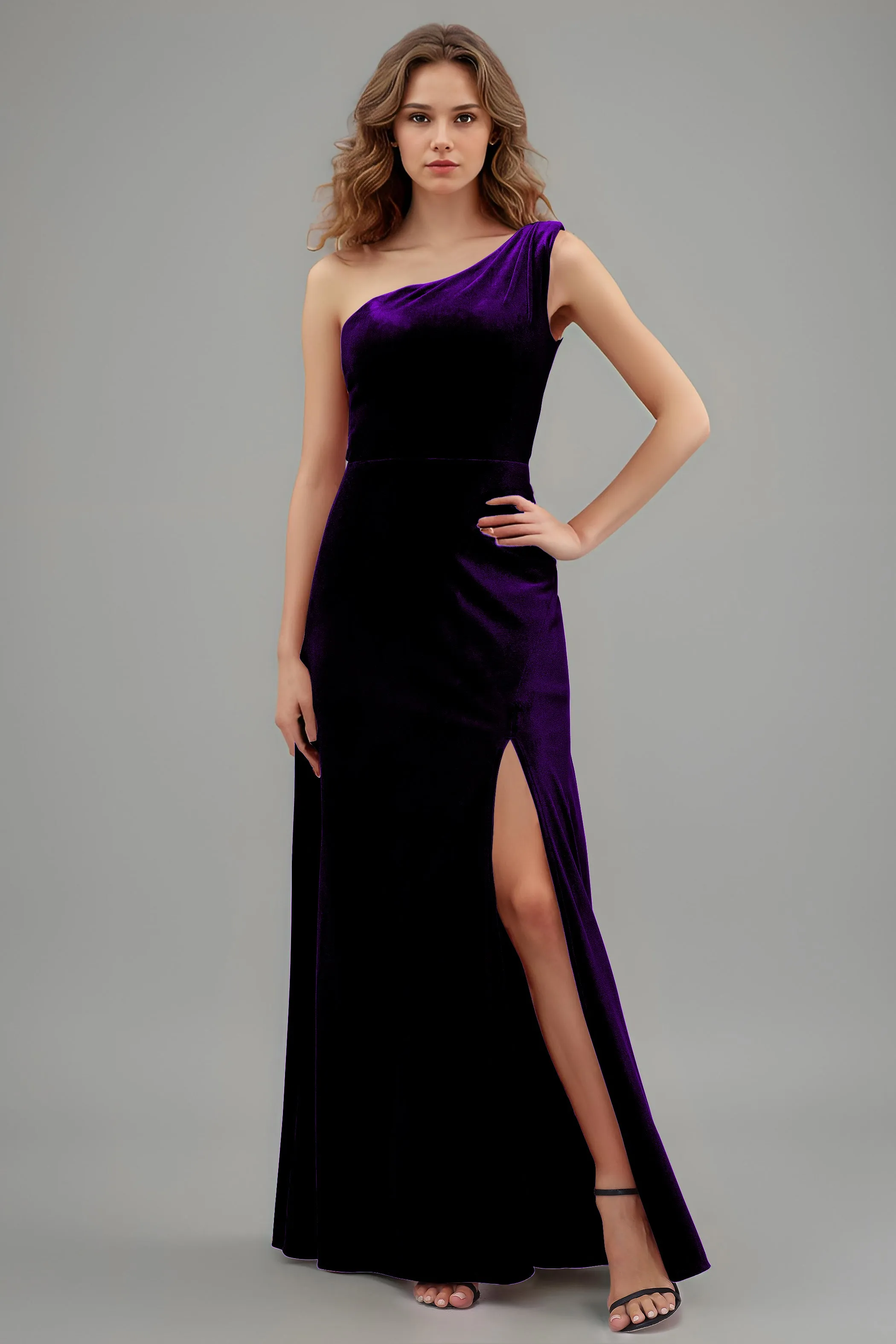 One Shoulder Sleeveless Simple Velvet Bridesmaid Dresses