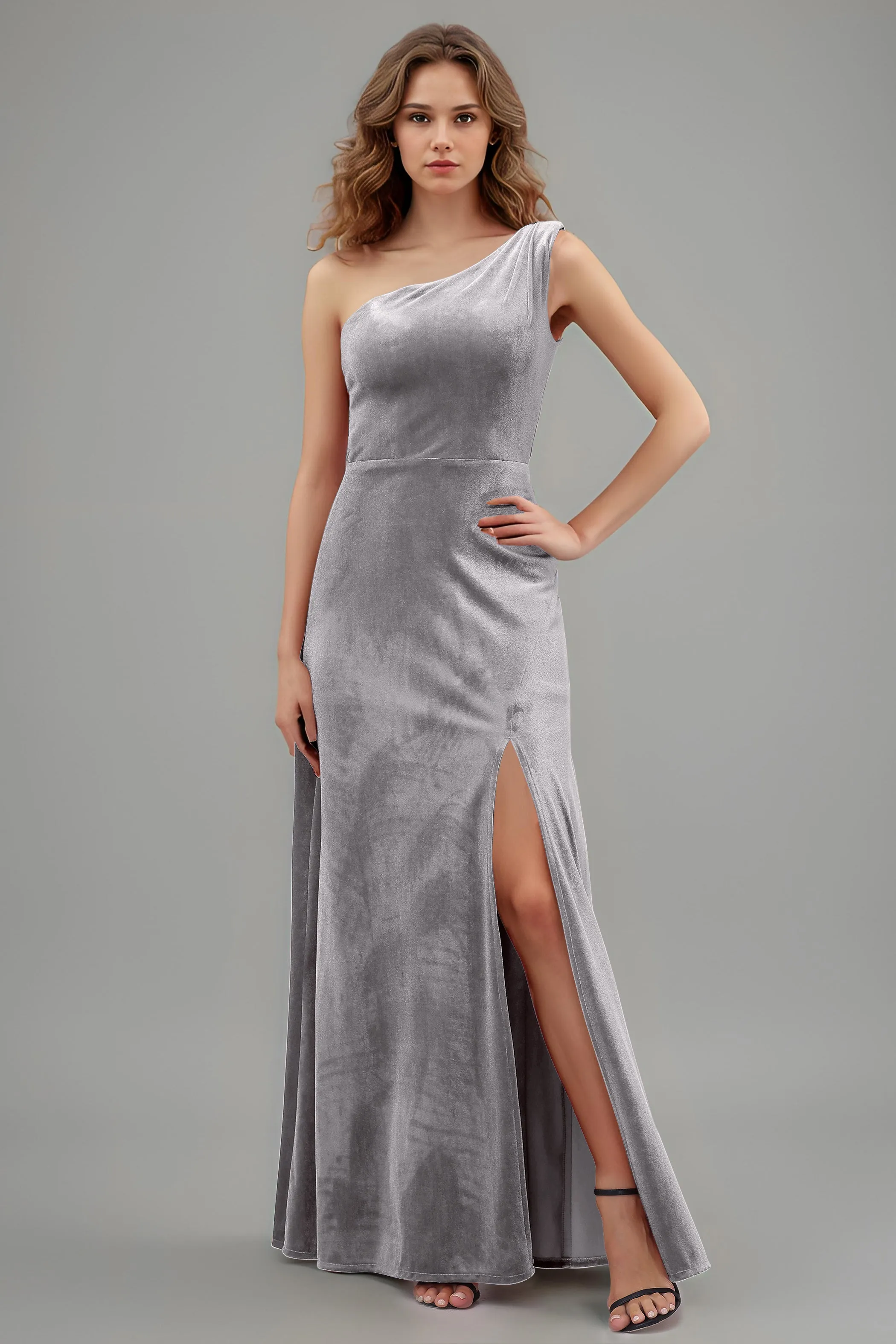 One Shoulder Sleeveless Simple Velvet Bridesmaid Dresses