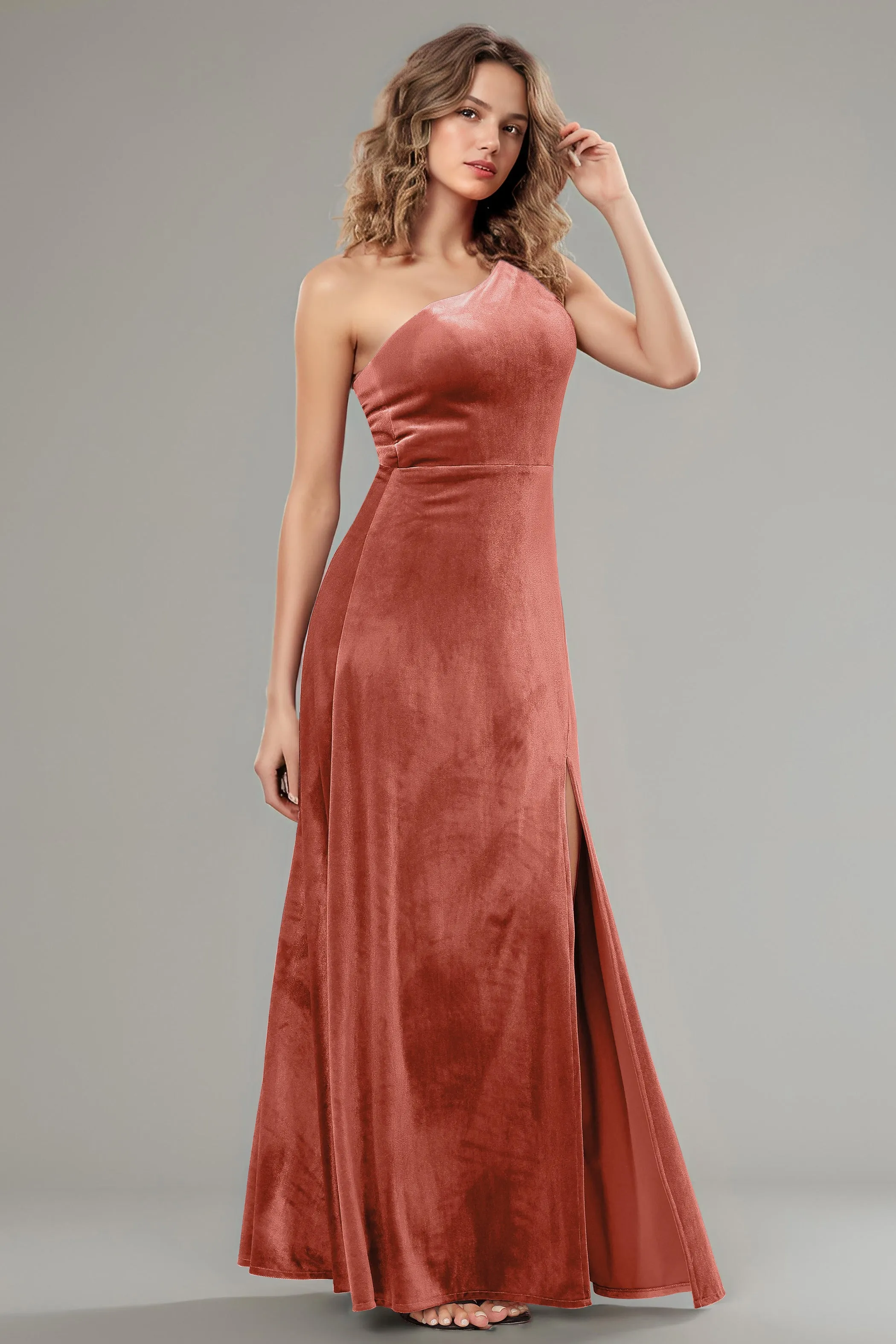 One Shoulder Sleeveless Simple Velvet Bridesmaid Dresses