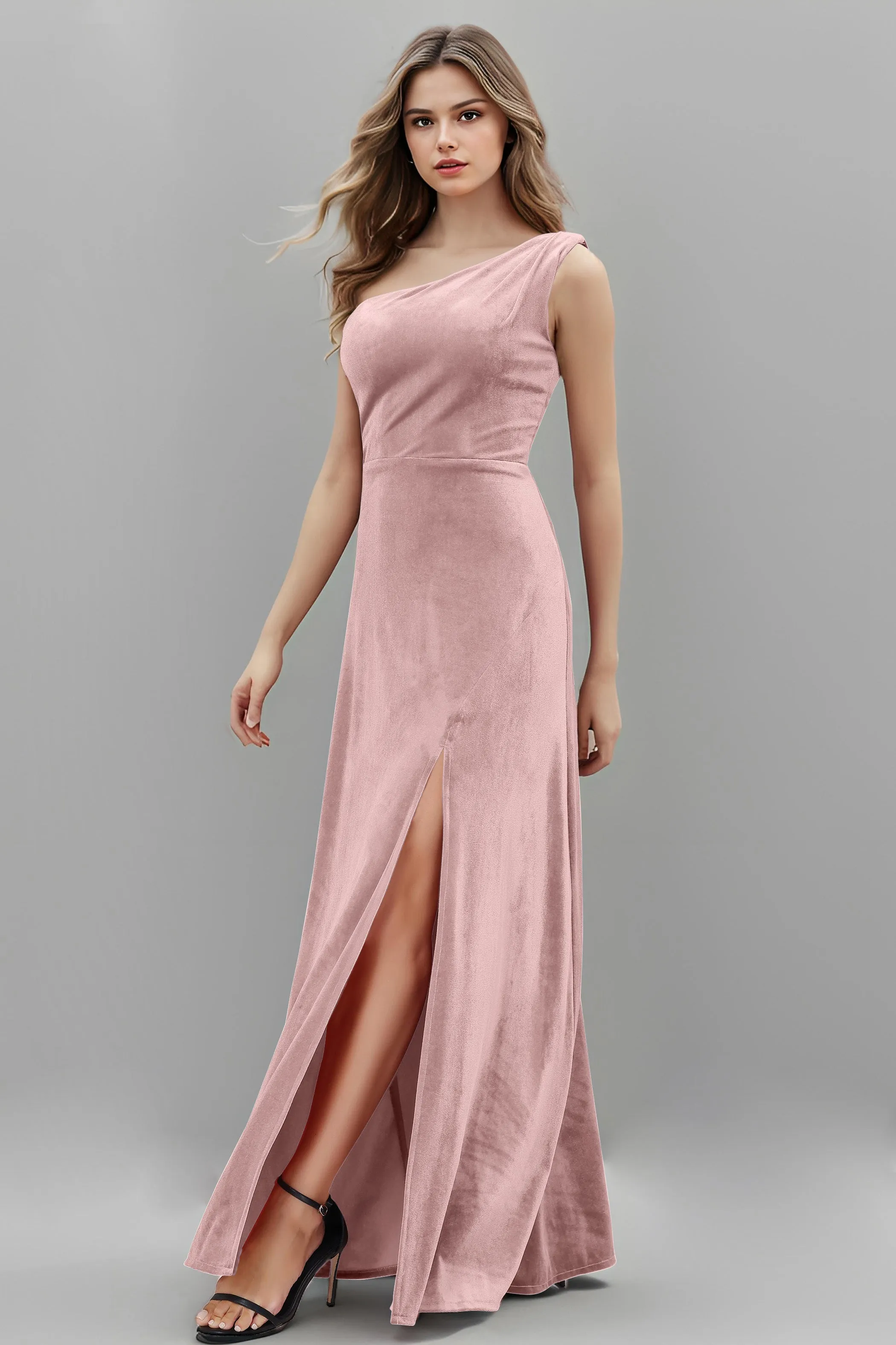 One Shoulder Sleeveless Simple Velvet Bridesmaid Dresses