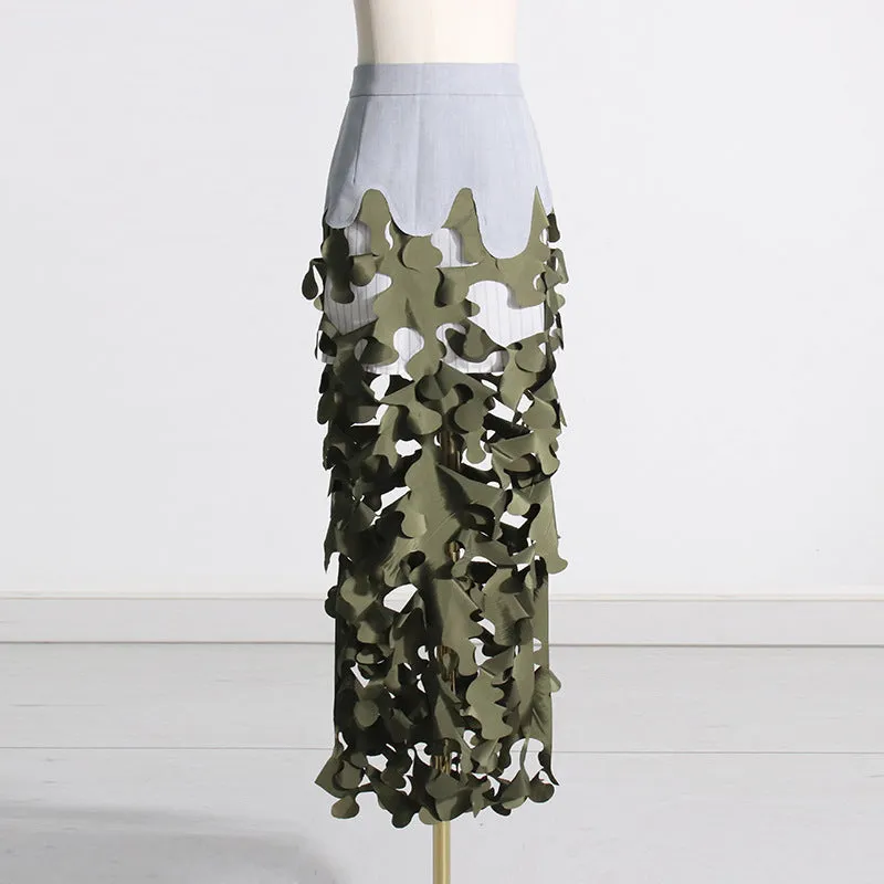 Personalized Trendy Army Green Irregular Asymmetric Hollow Out Cutout Out Stitched Camouflage Design Women Clothing Long Skirt