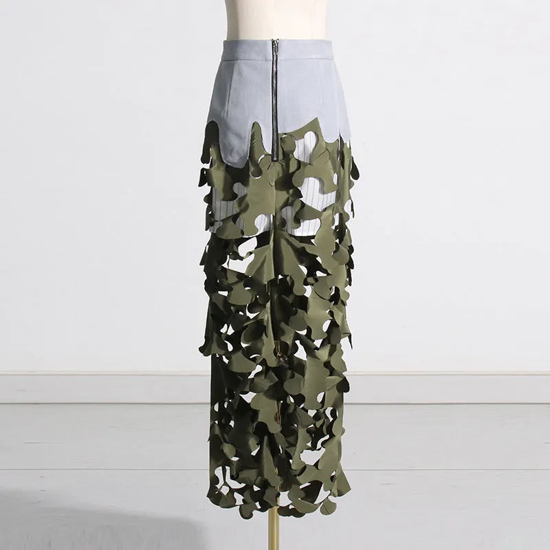 Personalized Trendy Army Green Irregular Asymmetric Hollow Out Cutout Out Stitched Camouflage Design Women Clothing Long Skirt