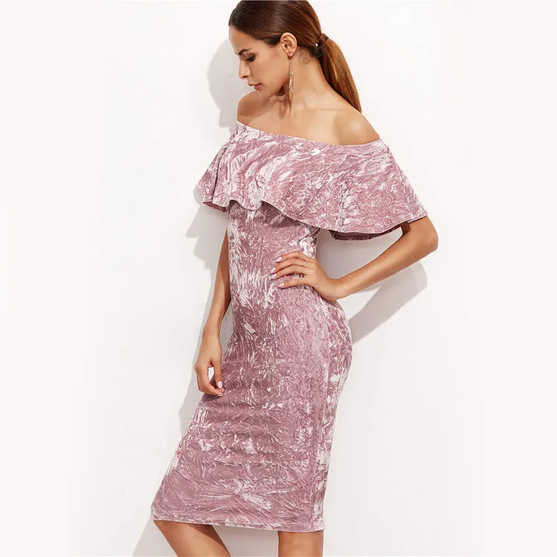 Pink Off Shoulder Ruffle Velvet