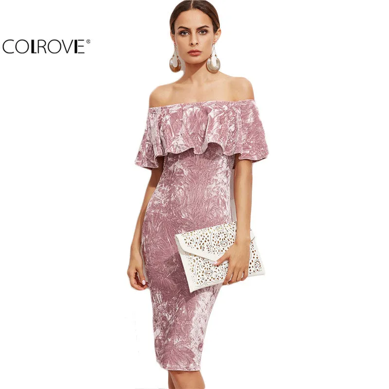 Pink Off Shoulder Ruffle Velvet