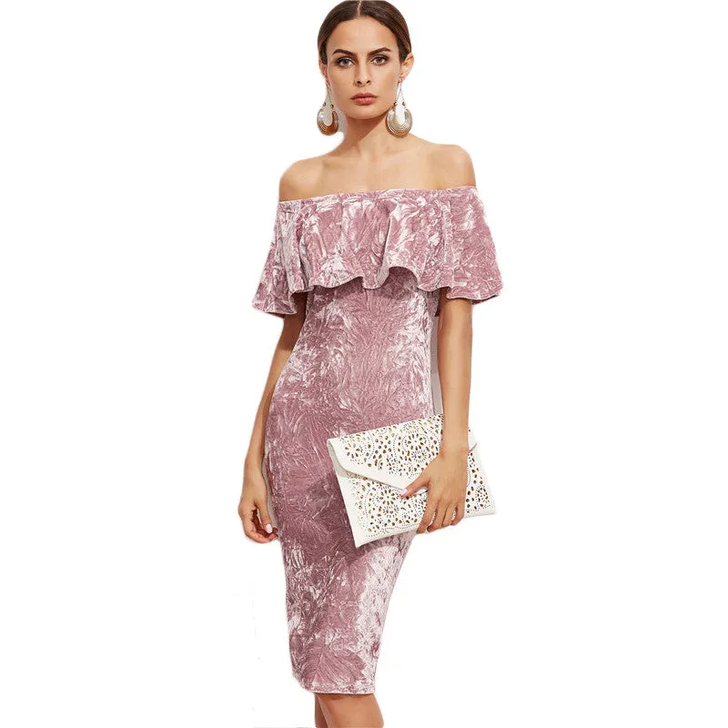 Pink Off Shoulder Ruffle Velvet