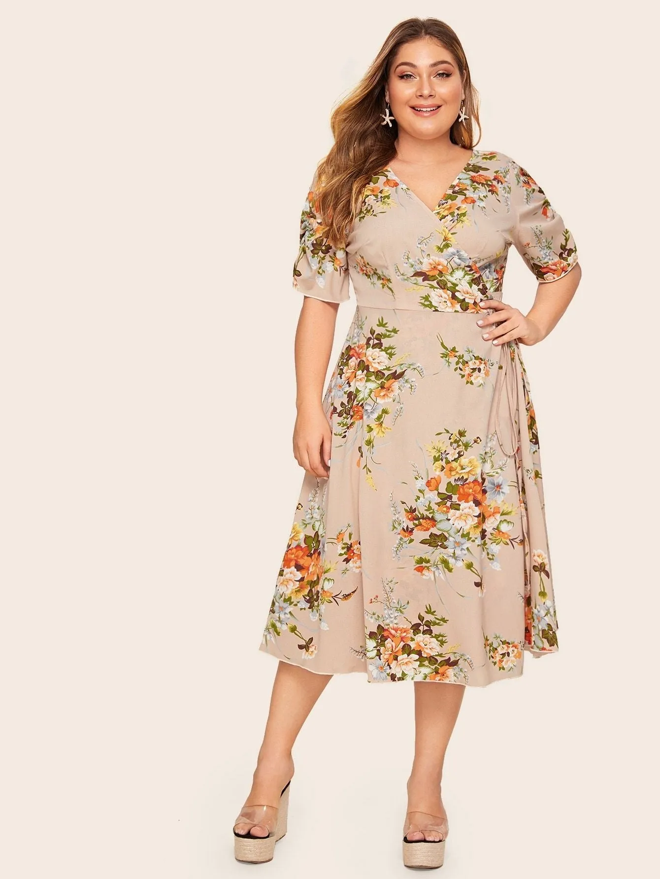 Plus Floral Print Wrap Knotted Dress