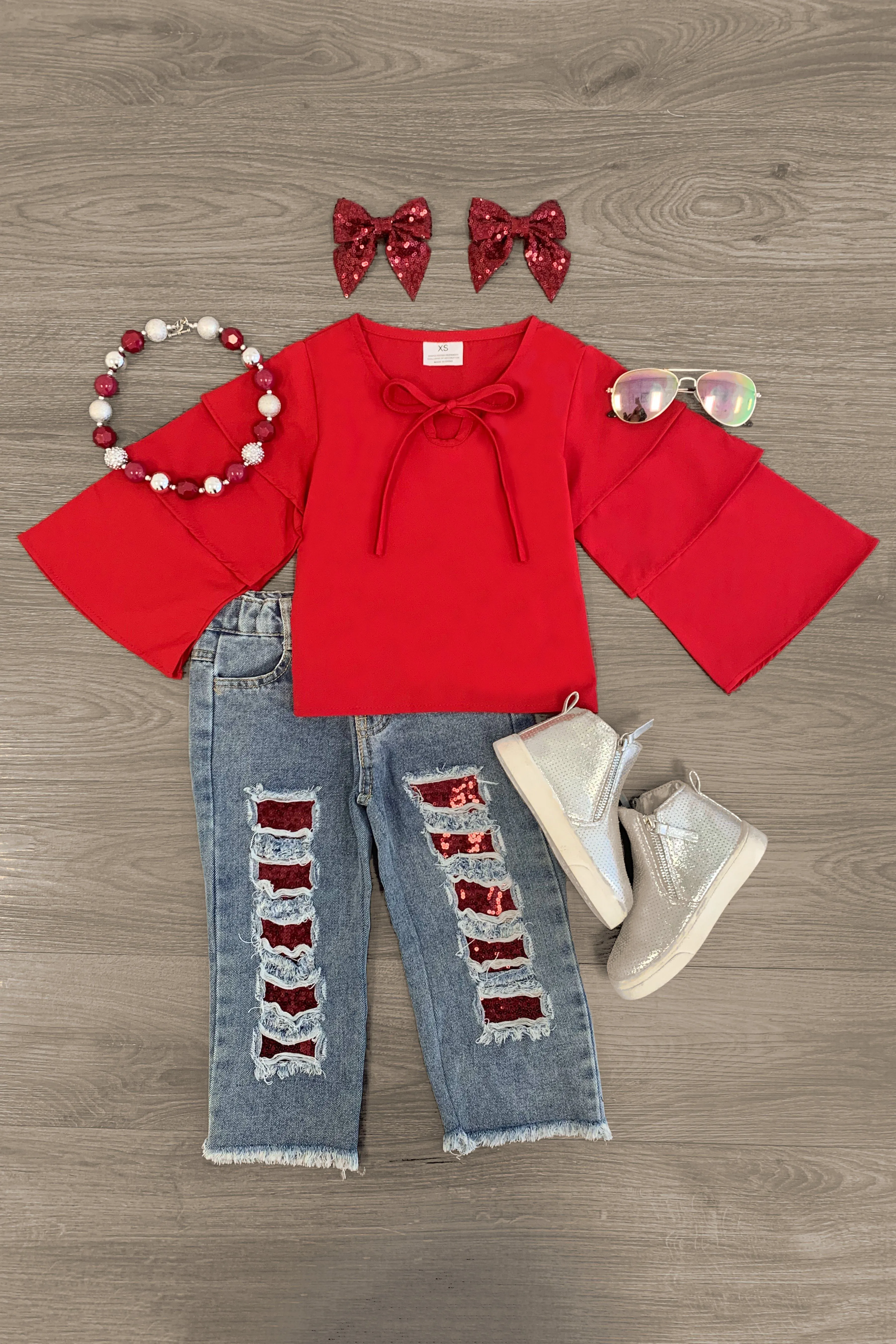 Red Ruffle Sleeve Blouse Sequin Denim Set