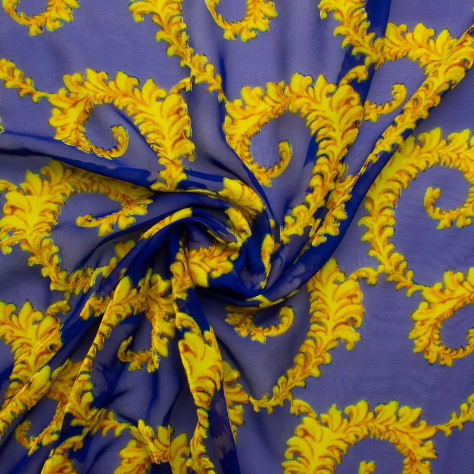 Royal Blue & Yellow Filigree Devoré Velvet