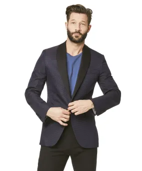 Silk Textured Jacquard Sutton Shawl Collar Diner Jacket in Navy Pindot