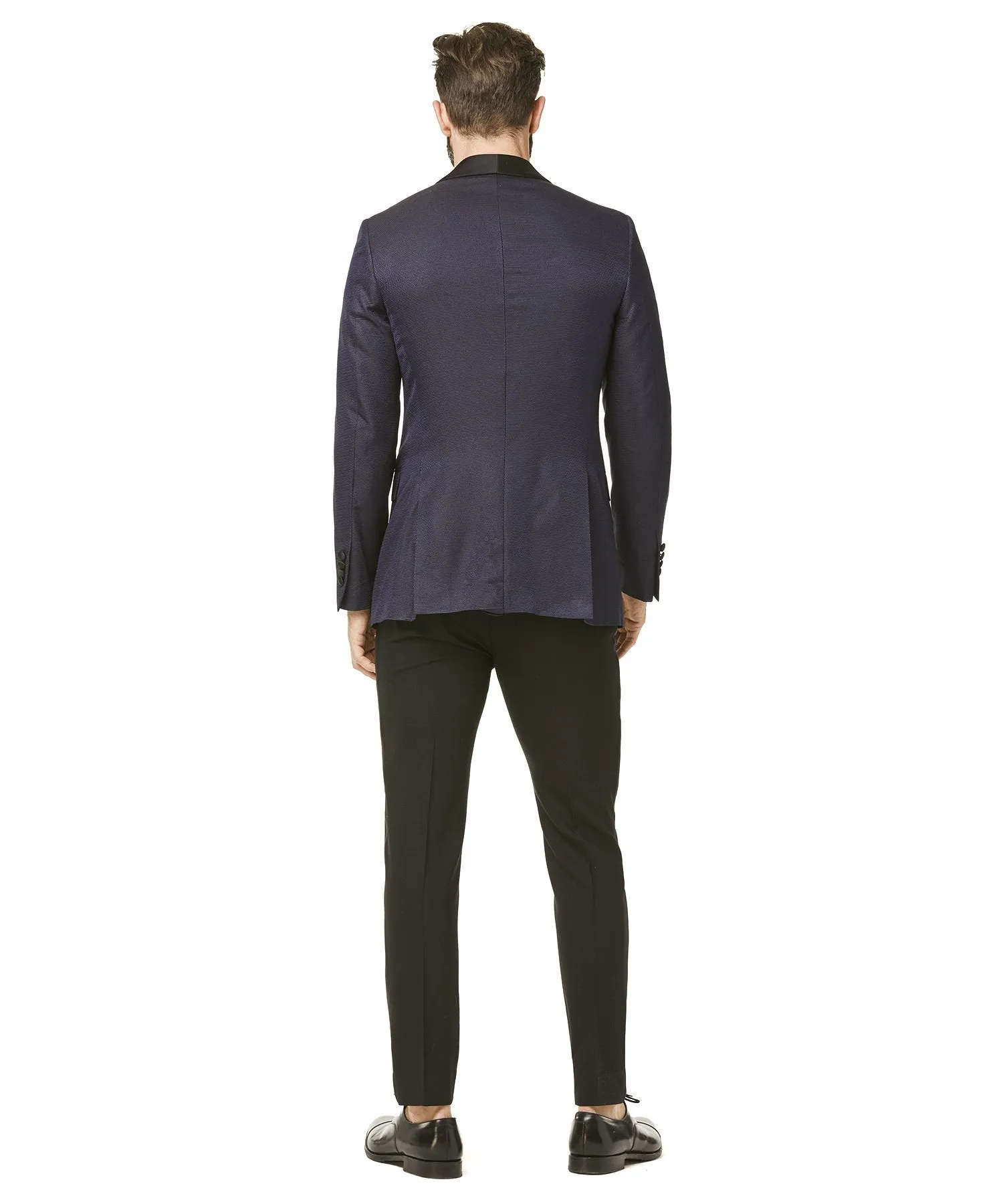 Silk Textured Jacquard Sutton Shawl Collar Diner Jacket in Navy Pindot