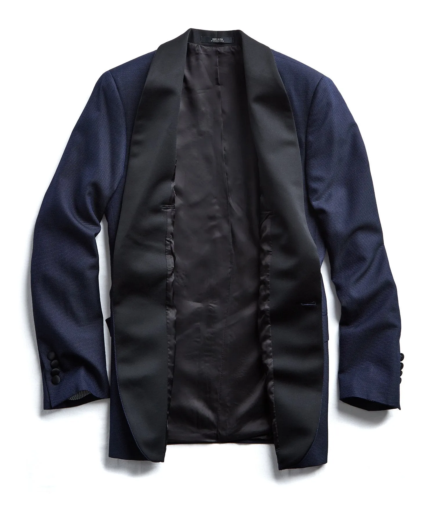 Silk Textured Jacquard Sutton Shawl Collar Diner Jacket in Navy Pindot