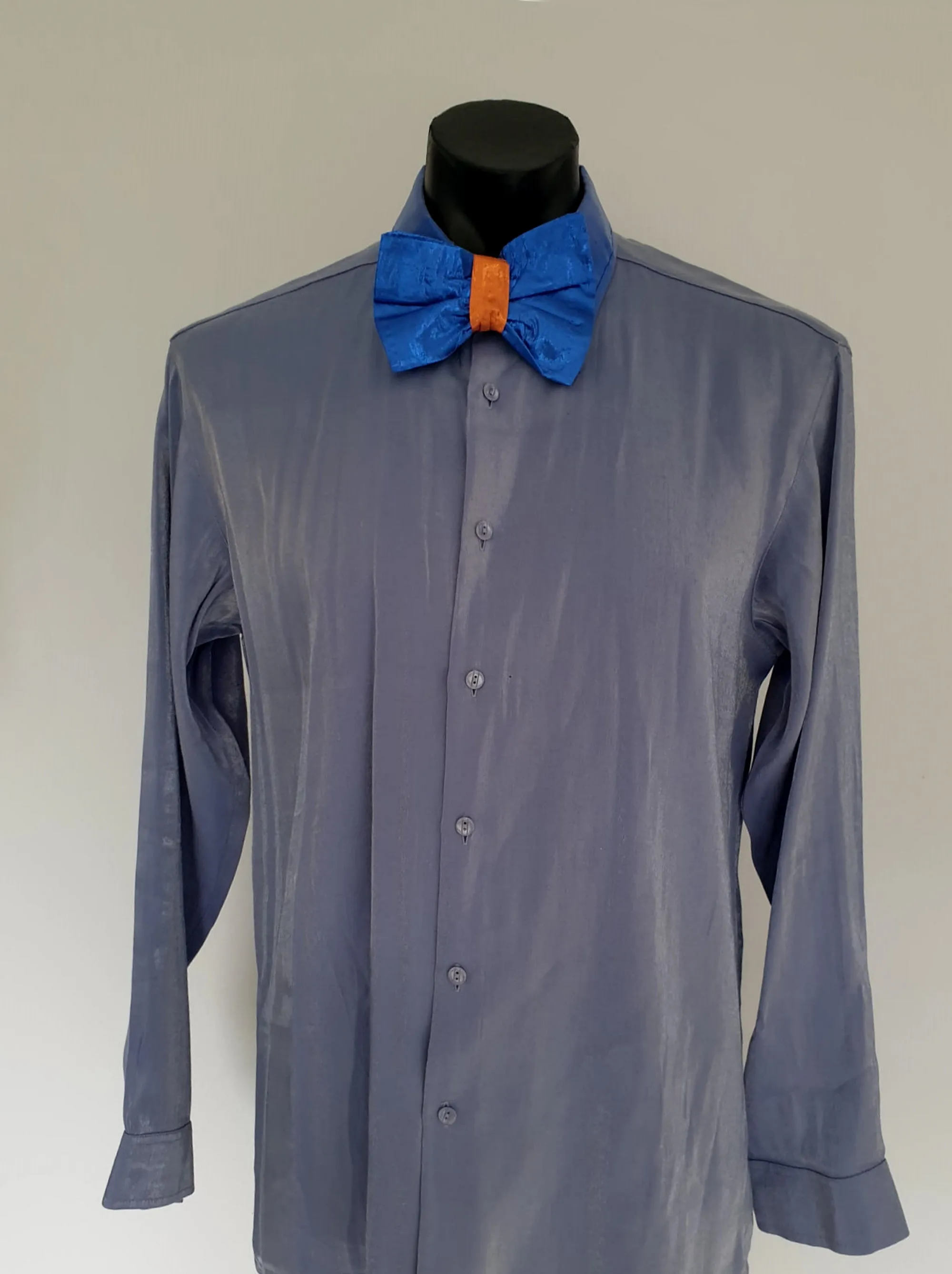 Silvery Blue Glittery Shirt With Contrast Metallic Collar & Bow Tie by Anthony Kulsar