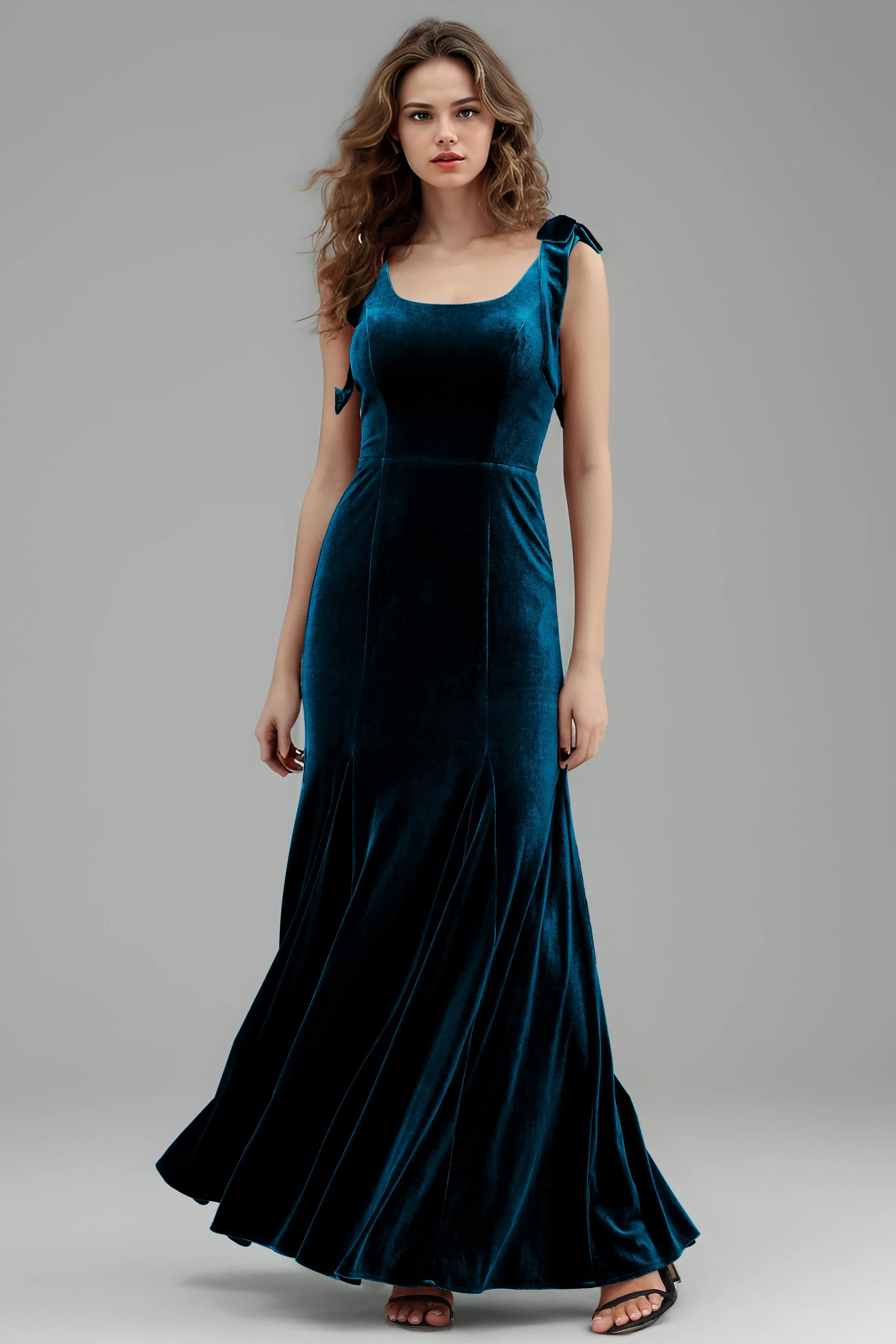 Sleeveless Square Neck Velvet Long Bridesmaid Dresses with Bowknot