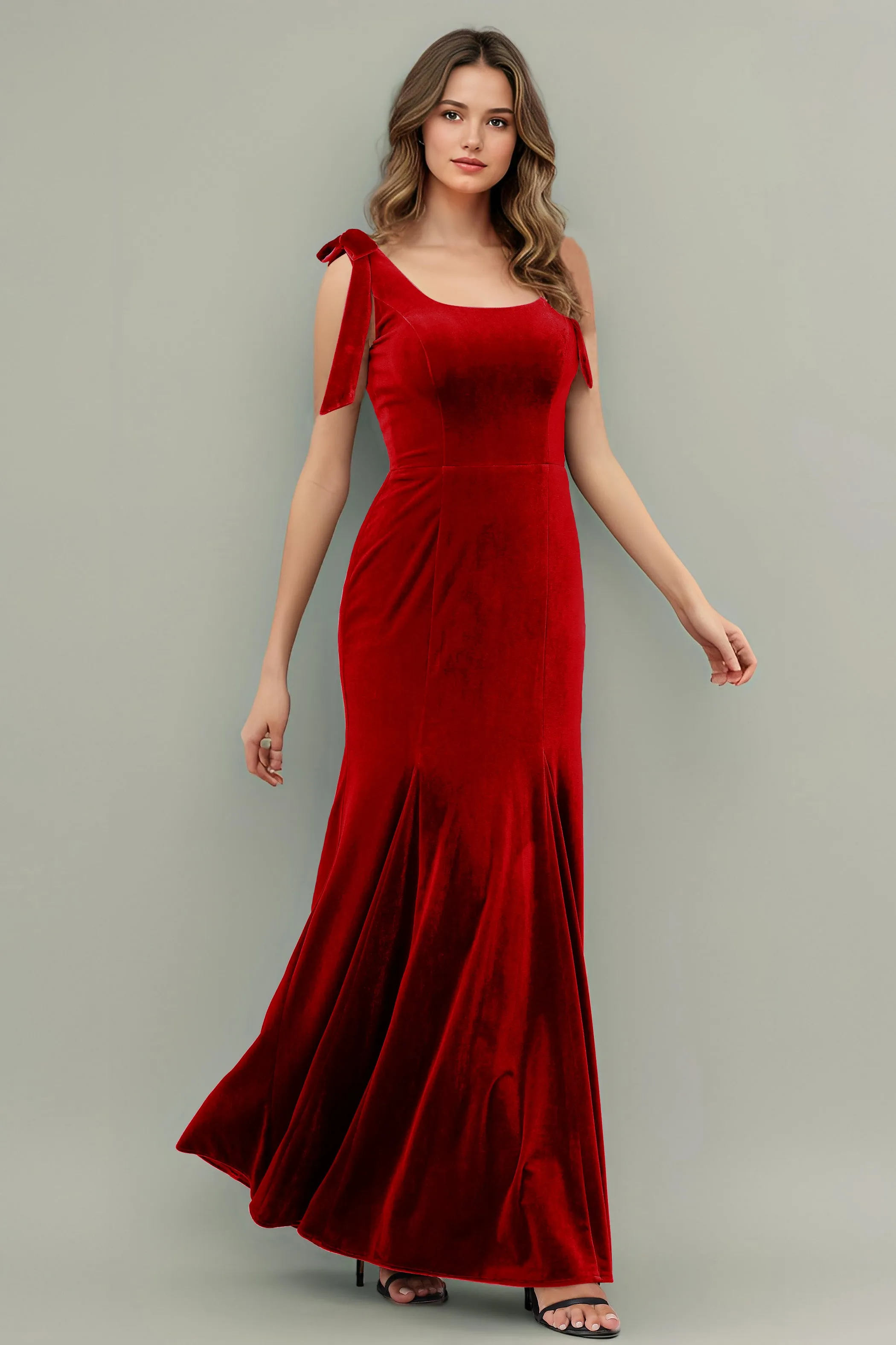 Sleeveless Square Neck Velvet Long Bridesmaid Dresses with Bowknot