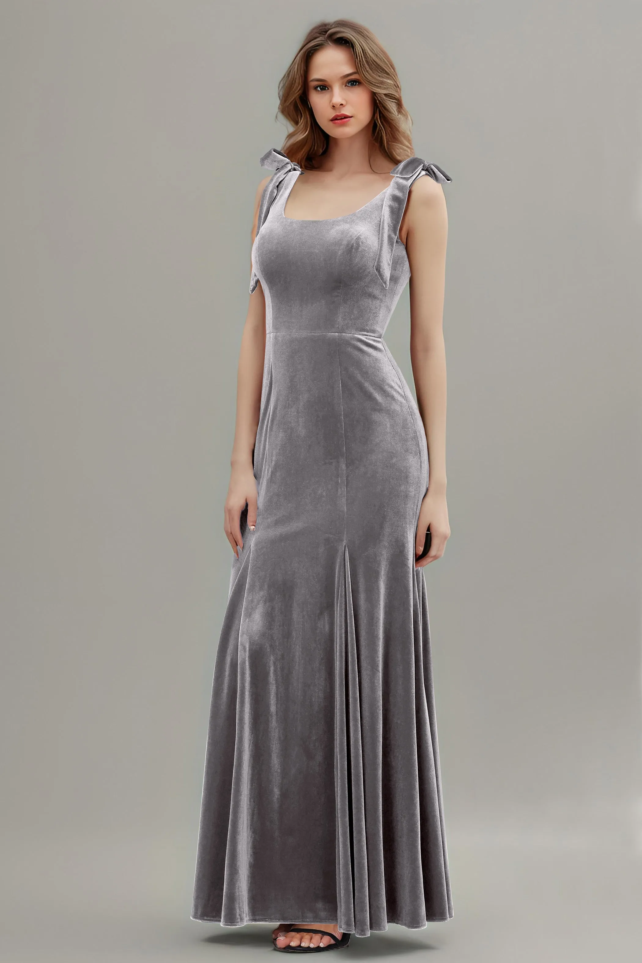 Sleeveless Square Neck Velvet Long Bridesmaid Dresses with Bowknot