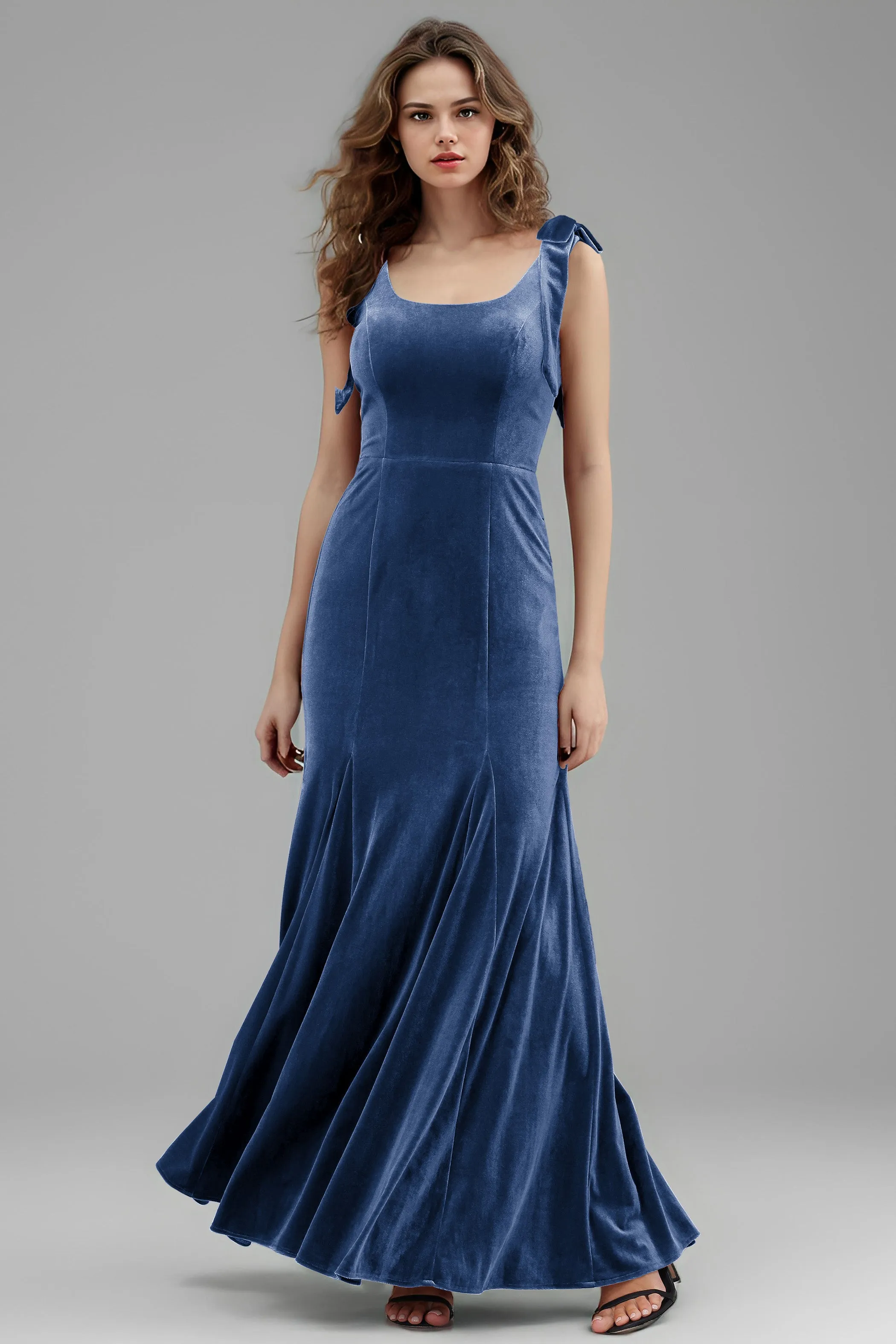 Sleeveless Square Neck Velvet Long Bridesmaid Dresses with Bowknot