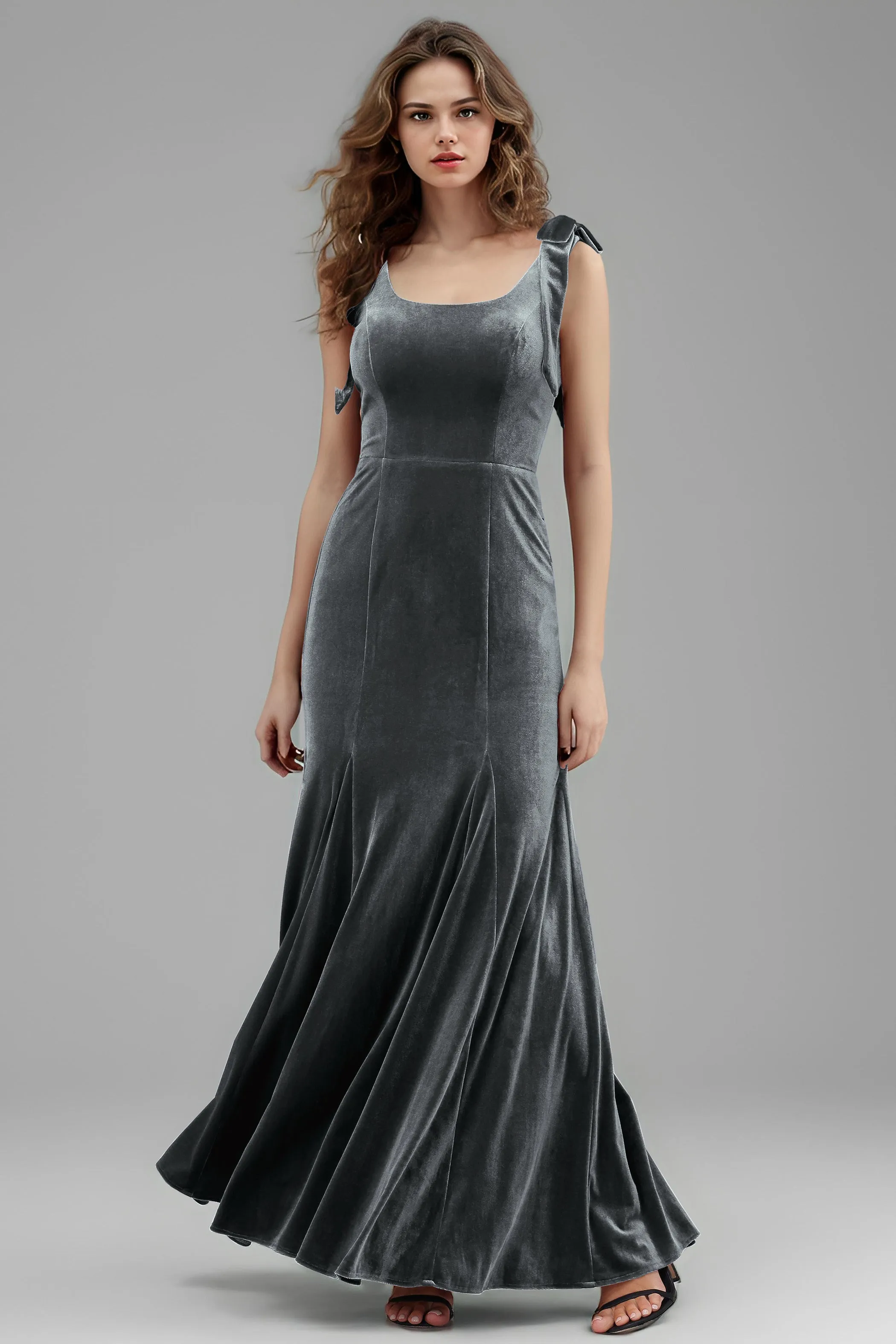 Sleeveless Square Neck Velvet Long Bridesmaid Dresses with Bowknot