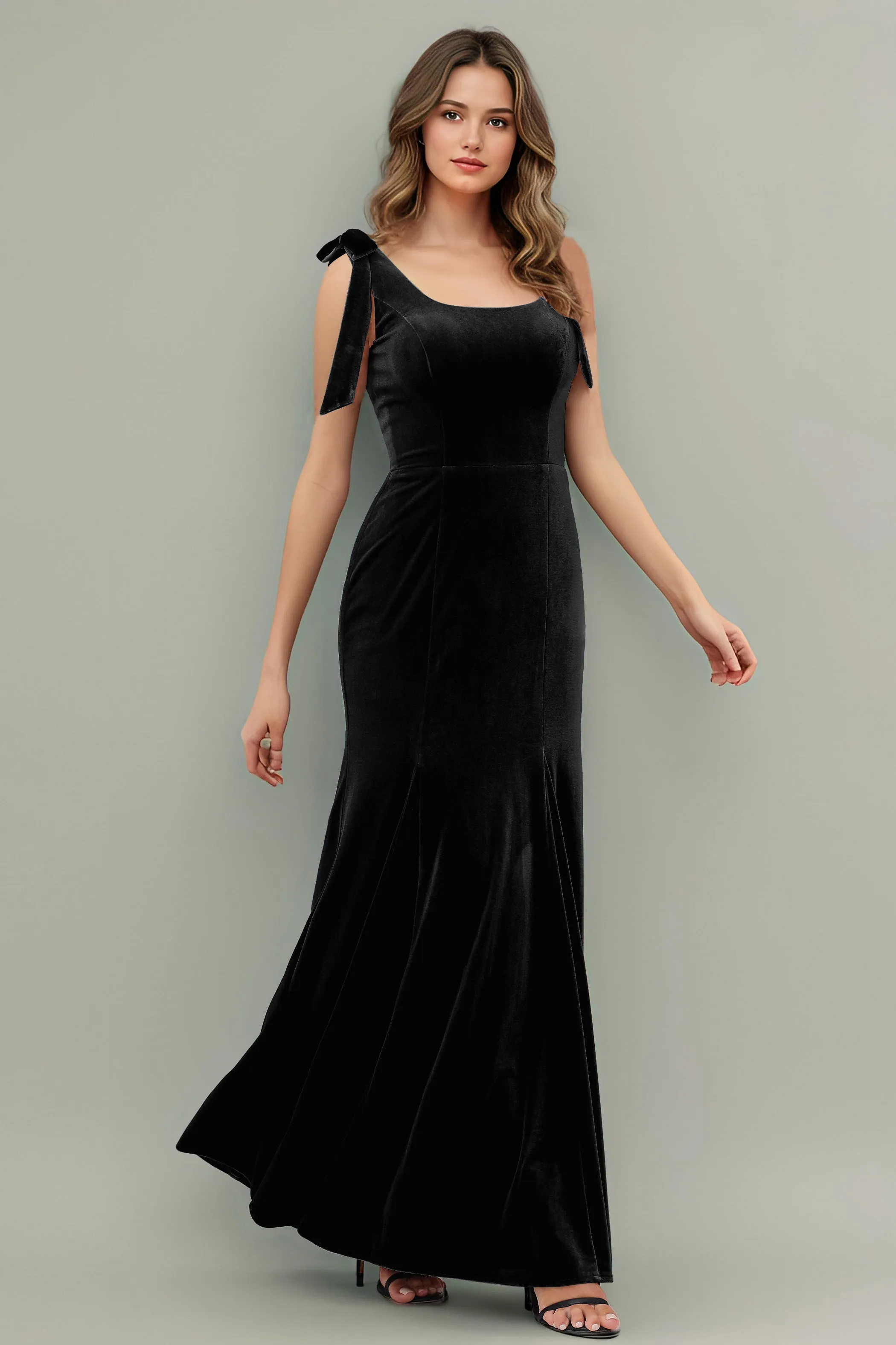 Sleeveless Square Neck Velvet Long Bridesmaid Dresses with Bowknot