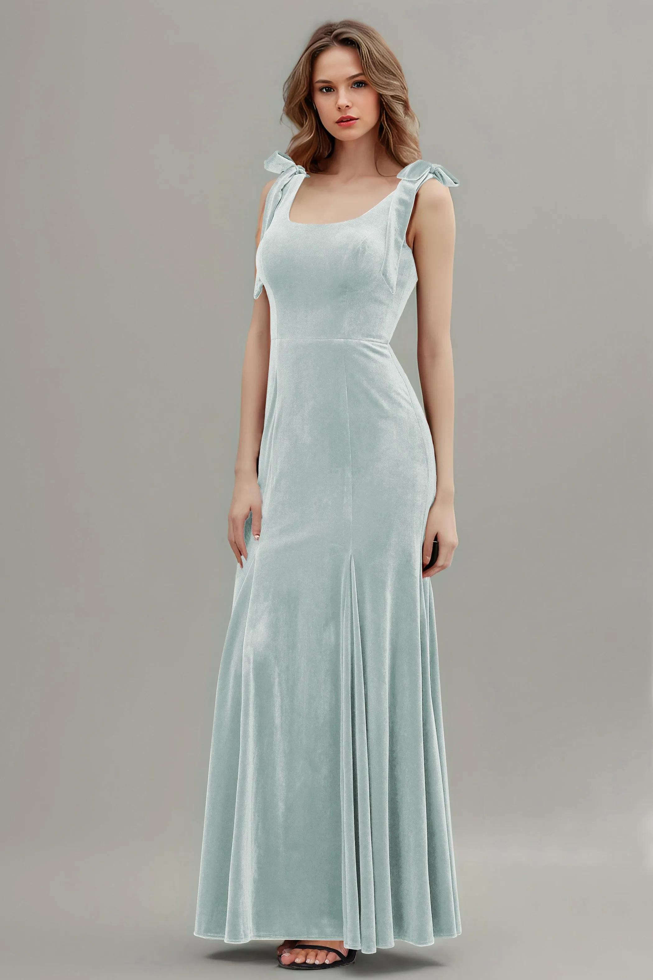 Sleeveless Square Neck Velvet Long Bridesmaid Dresses with Bowknot