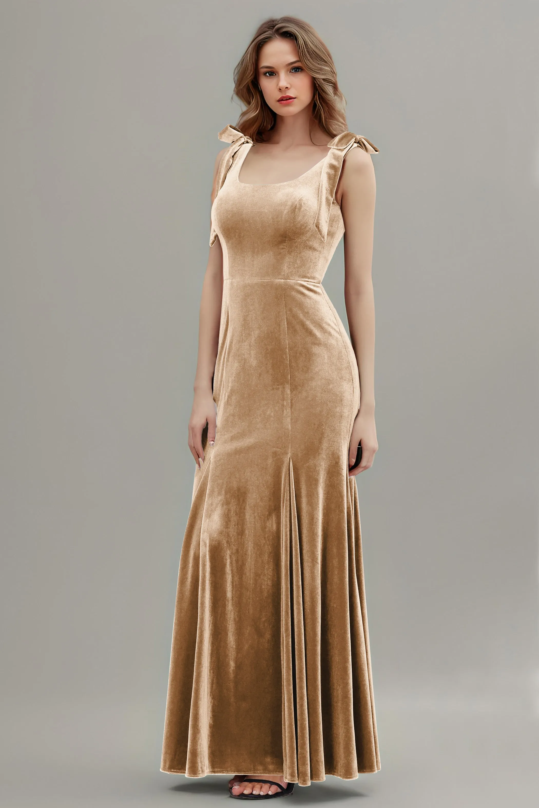 Sleeveless Square Neck Velvet Long Bridesmaid Dresses with Bowknot