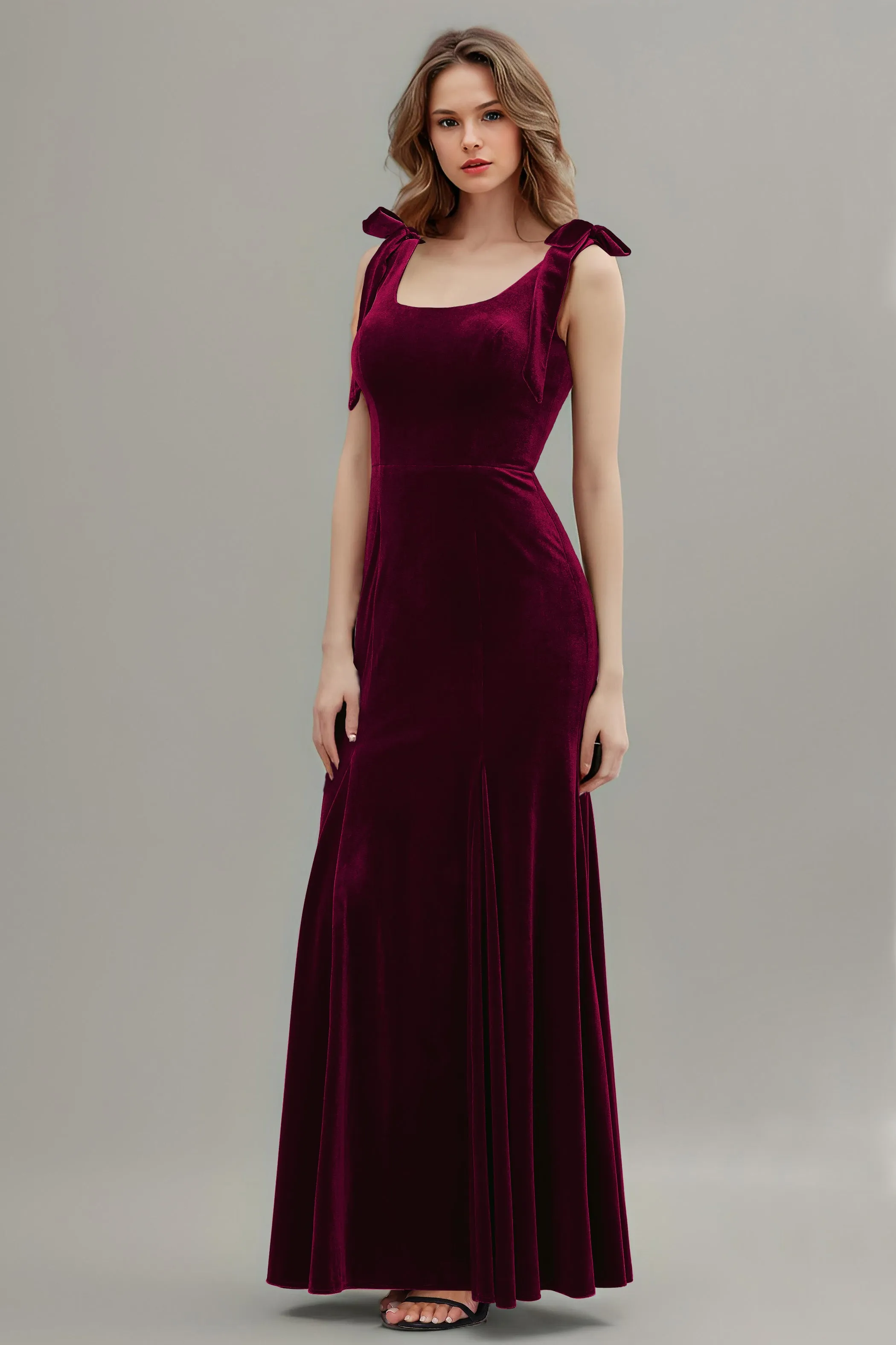 Sleeveless Square Neck Velvet Long Bridesmaid Dresses with Bowknot