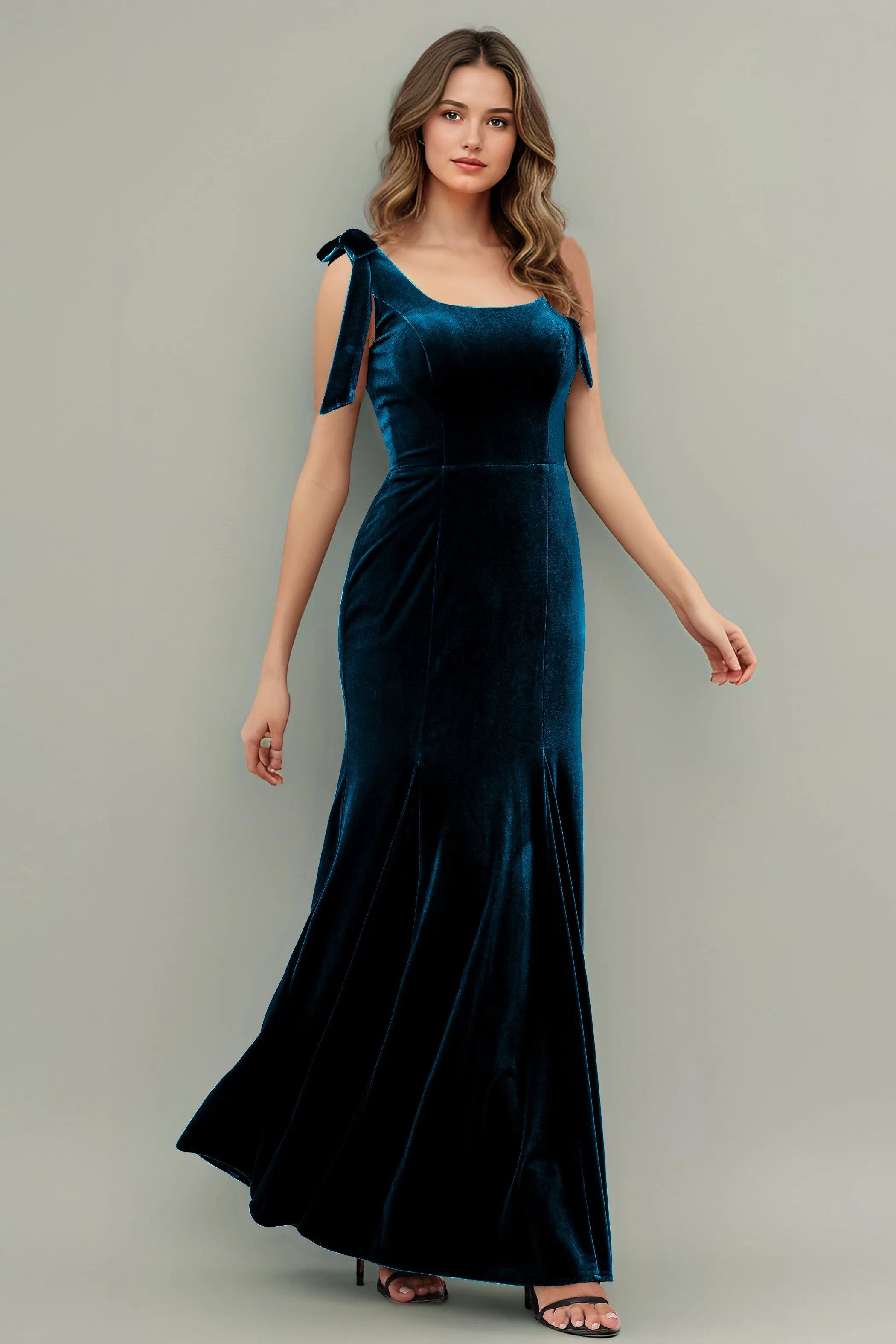 Sleeveless Square Neck Velvet Long Bridesmaid Dresses with Bowknot