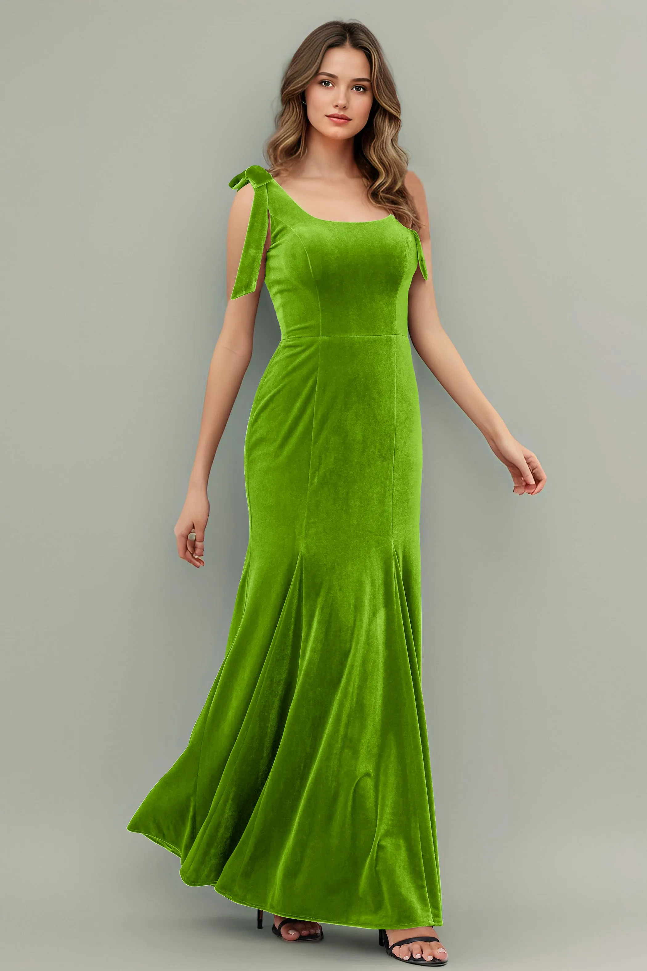 Sleeveless Square Neck Velvet Long Bridesmaid Dresses with Bowknot