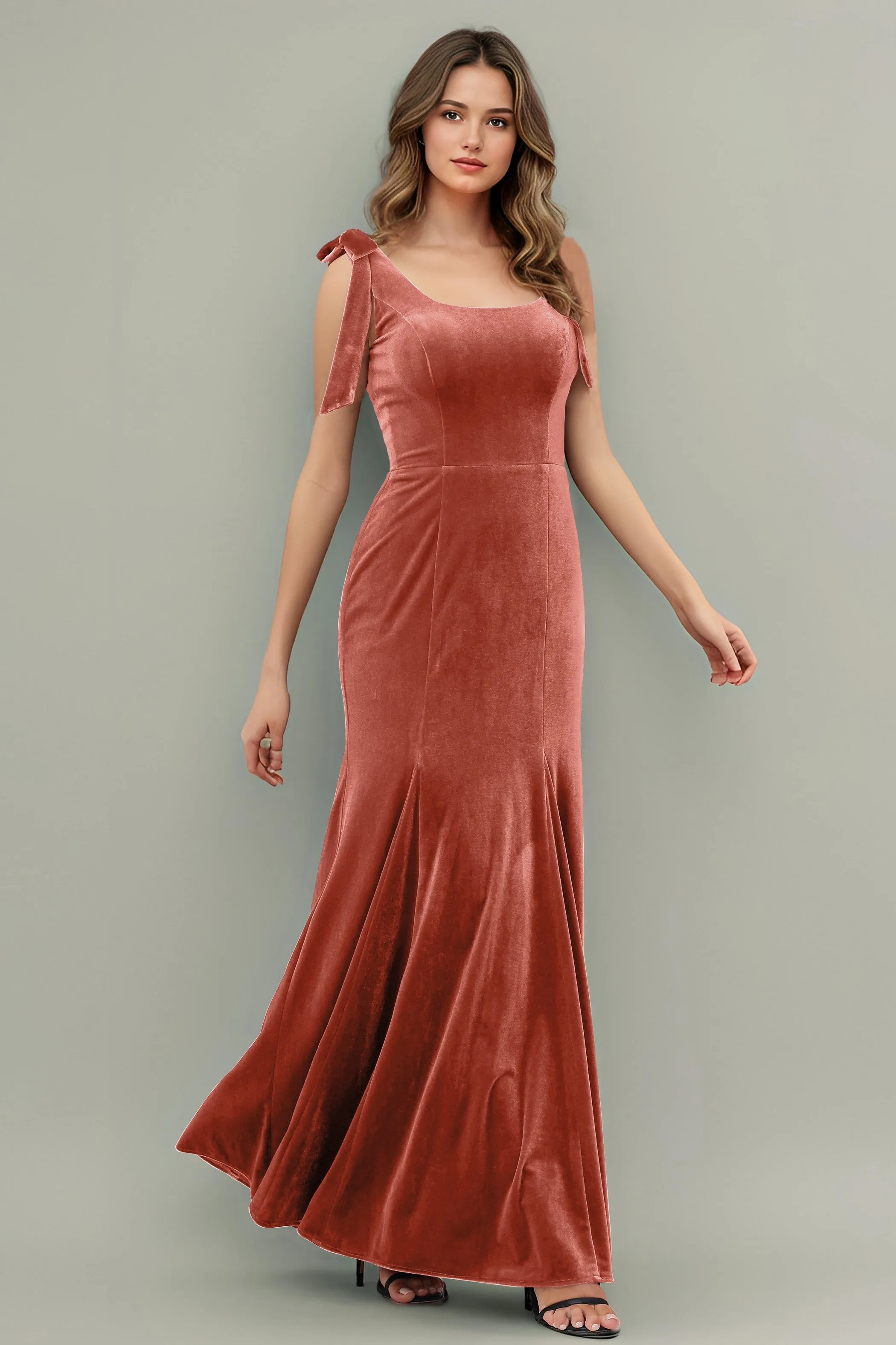 Sleeveless Square Neck Velvet Long Bridesmaid Dresses with Bowknot