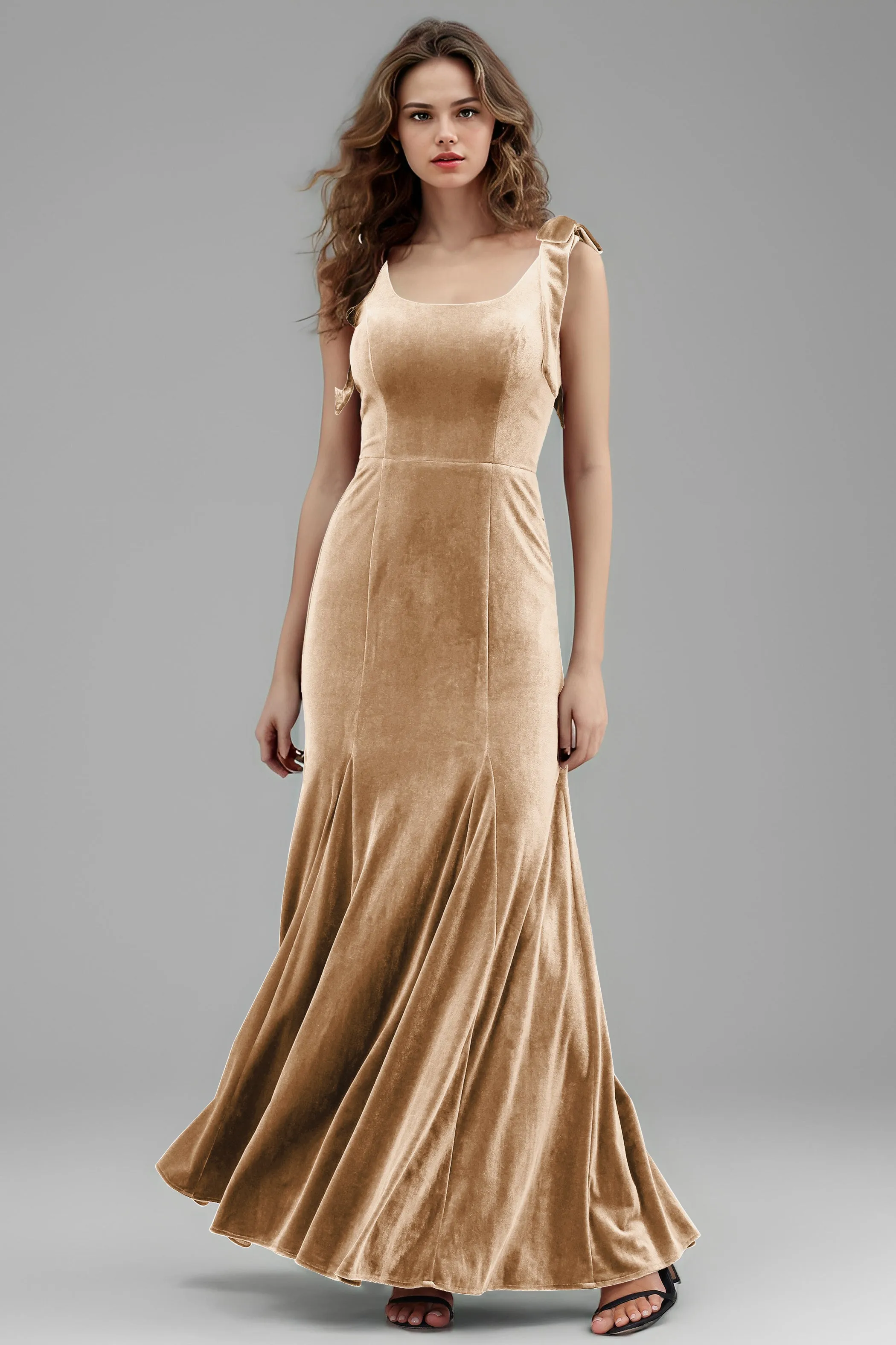 Sleeveless Square Neck Velvet Long Bridesmaid Dresses with Bowknot