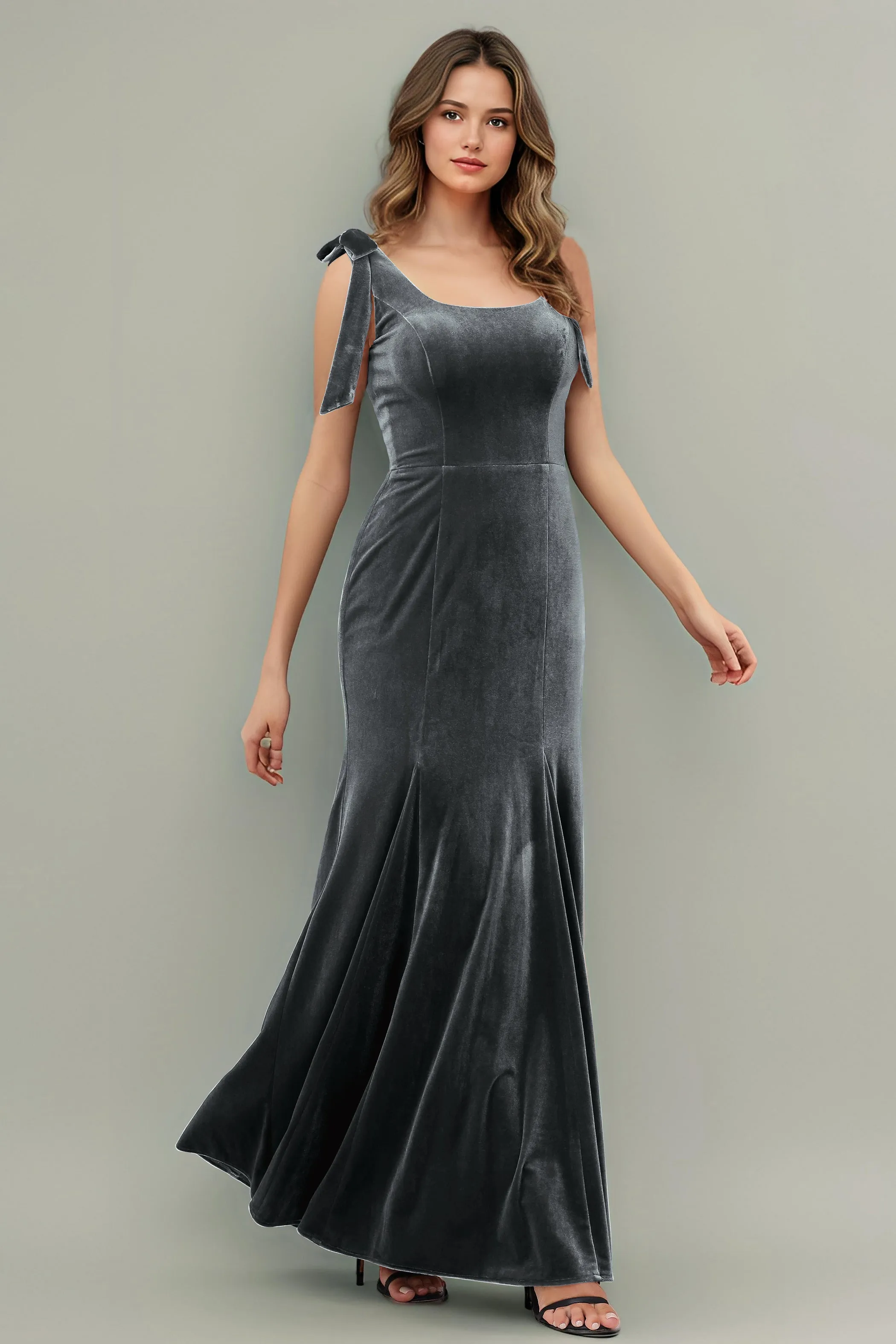 Sleeveless Square Neck Velvet Long Bridesmaid Dresses with Bowknot