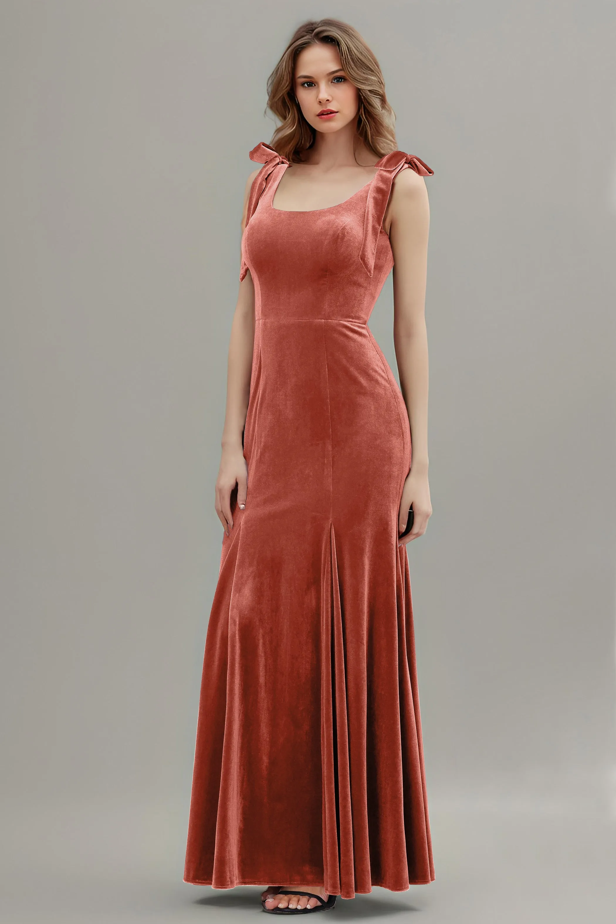 Sleeveless Square Neck Velvet Long Bridesmaid Dresses with Bowknot