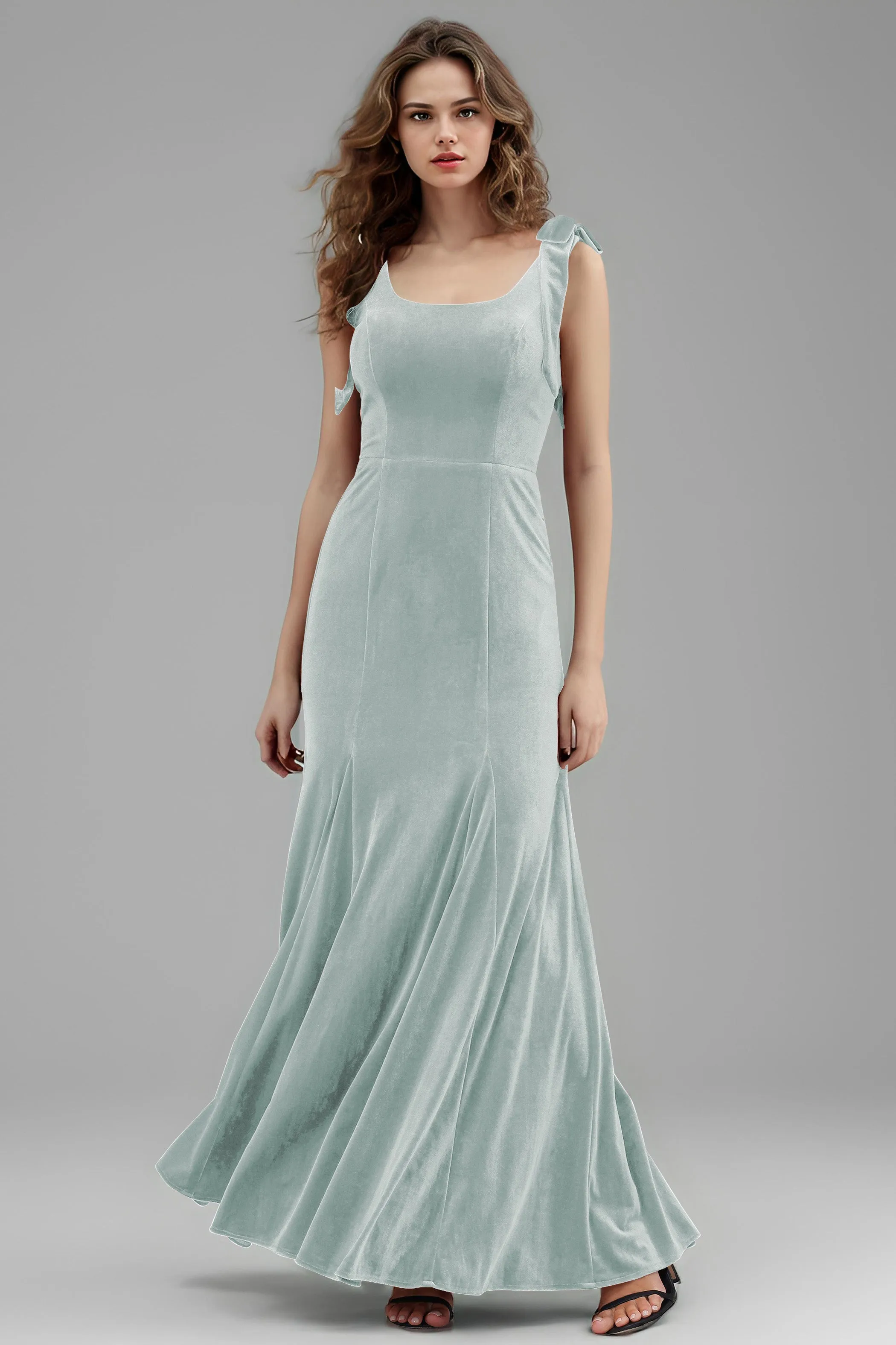 Sleeveless Square Neck Velvet Long Bridesmaid Dresses with Bowknot