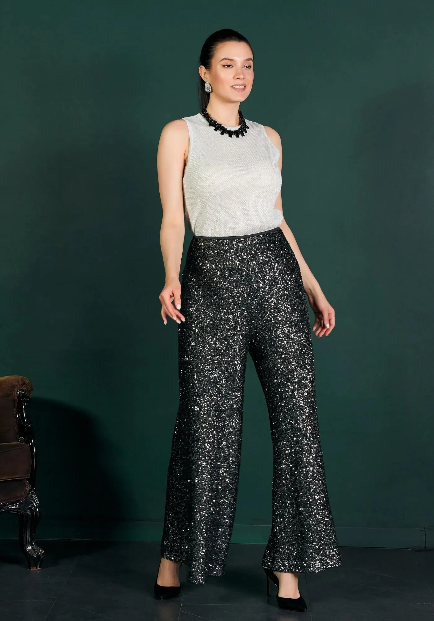 Sparkle Sequin Wide Leg Flare Pants for Women