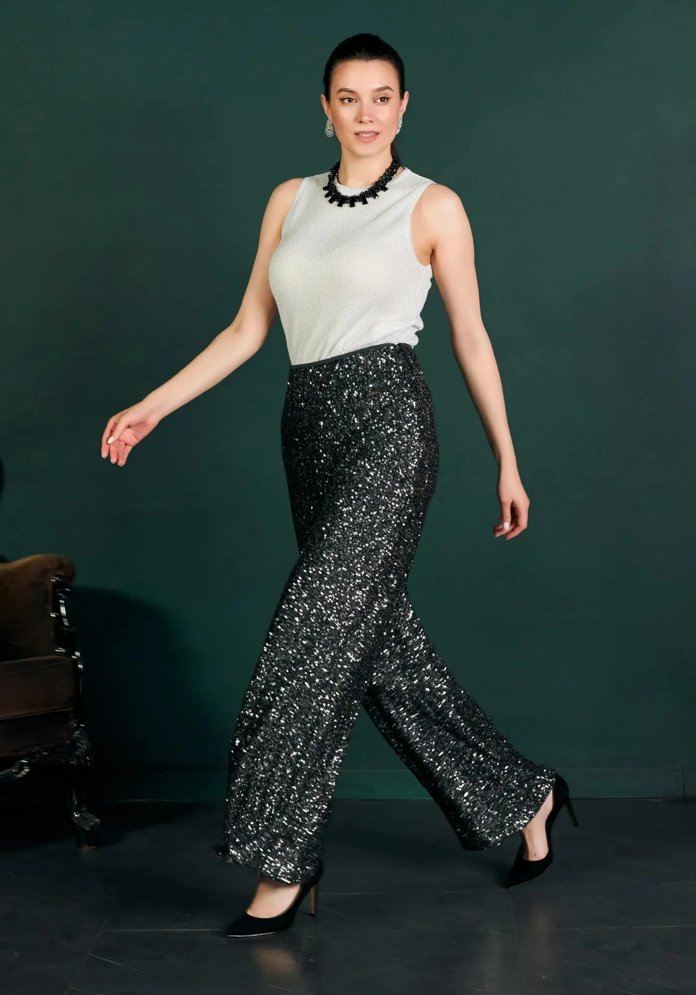 Sparkle Sequin Wide Leg Flare Pants for Women