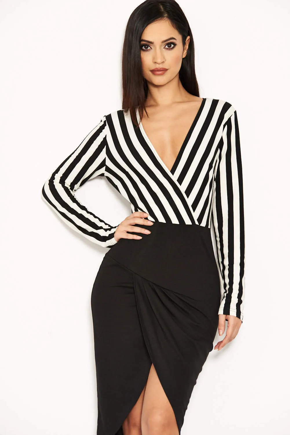 Striped Wrap Front Bodycon Dress