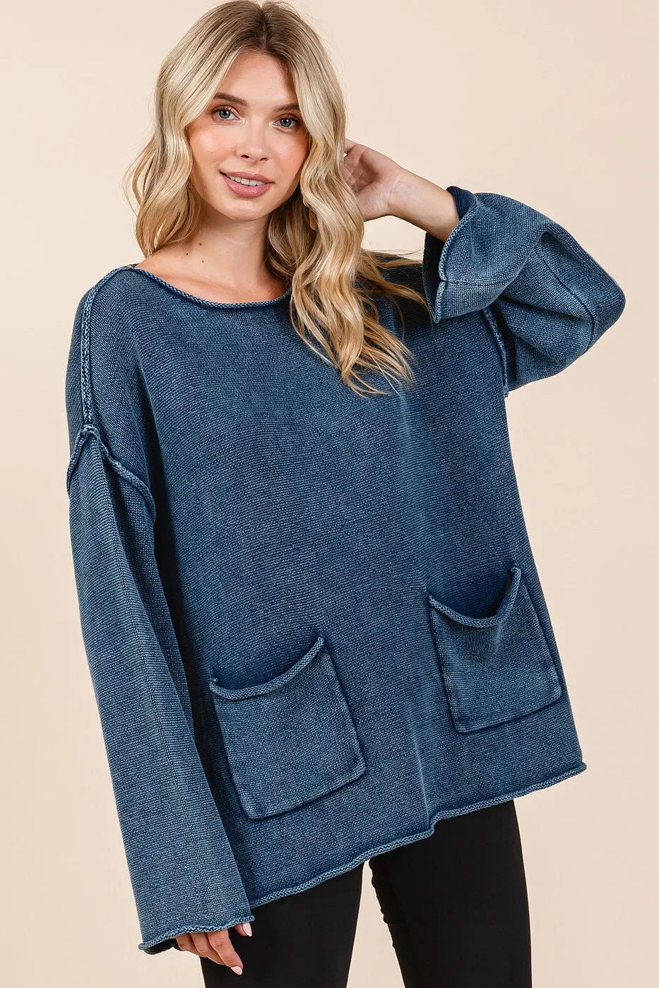 Trendy Mineral Wash Patch Pocket Cut Edge Sweater