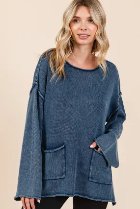 Trendy Mineral Wash Patch Pocket Cut Edge Sweater