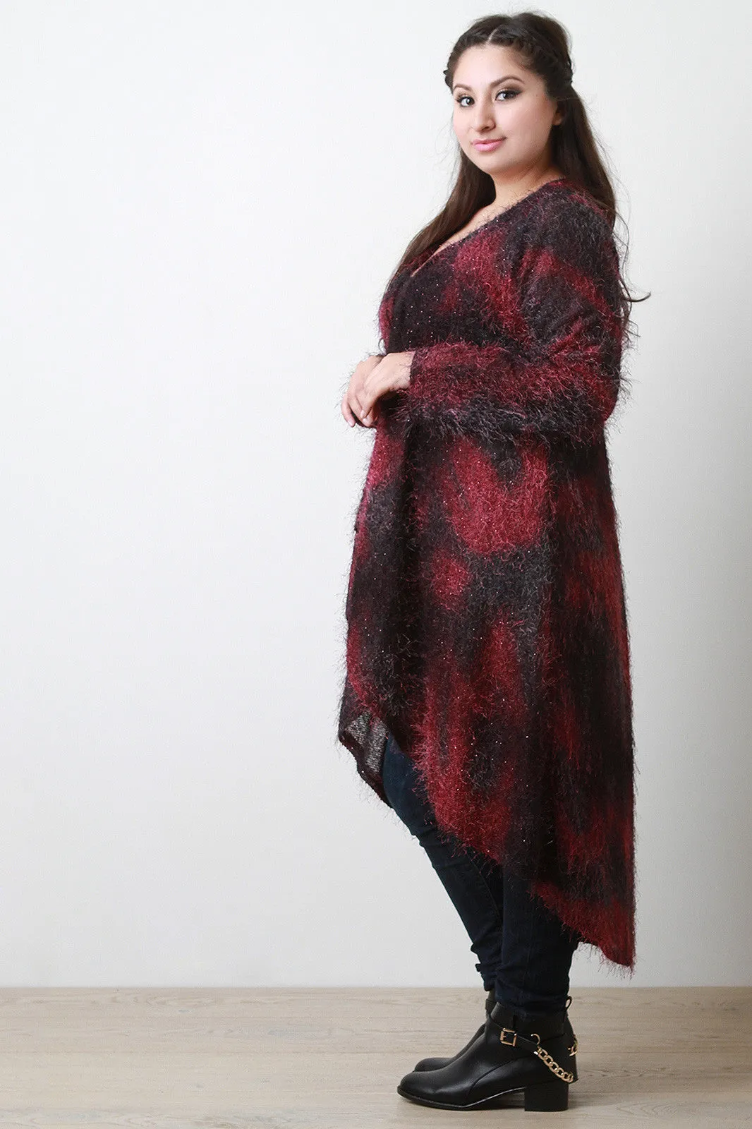 Two Tone Fuzzy Drape Open Front Longline Cardigan