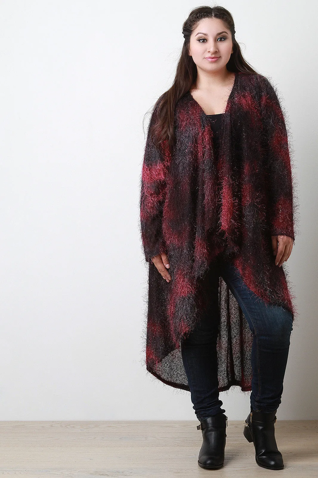 Two Tone Fuzzy Drape Open Front Longline Cardigan