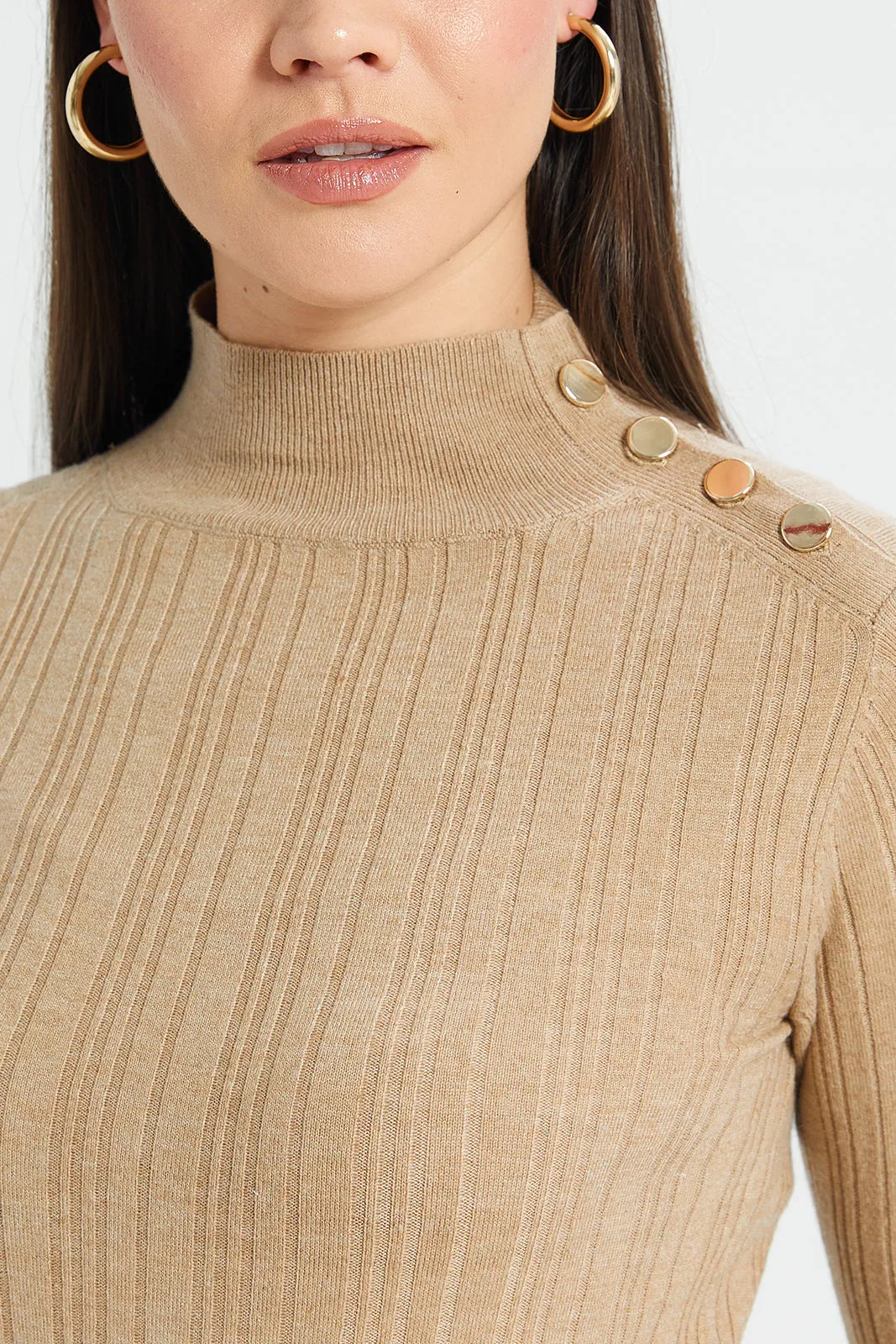 Women Beige Embellished Shoulder Button Top