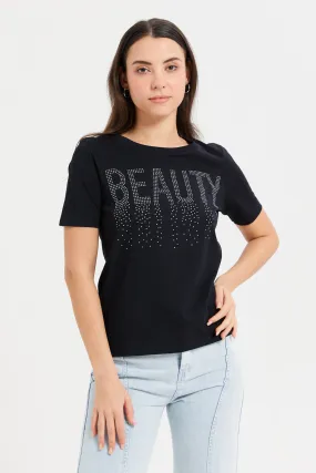 Women Black Beauty Embellished T-Shirt