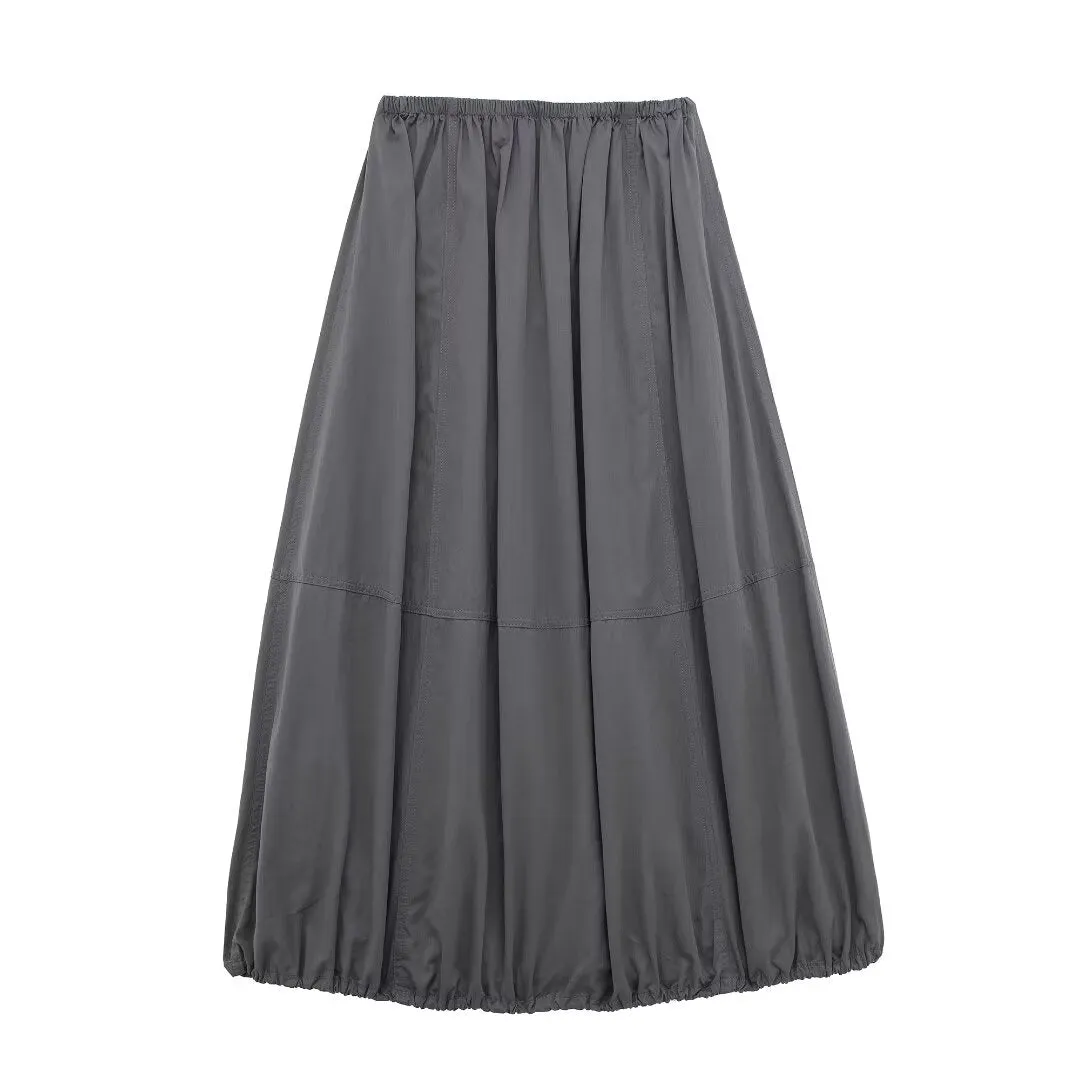 Women Clothing French Solid Color Casual Mid Length Nylon Skirt