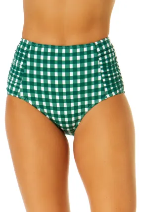 Women's Green Gingham Shirred High Waist Tummy Control Bikini Bottom