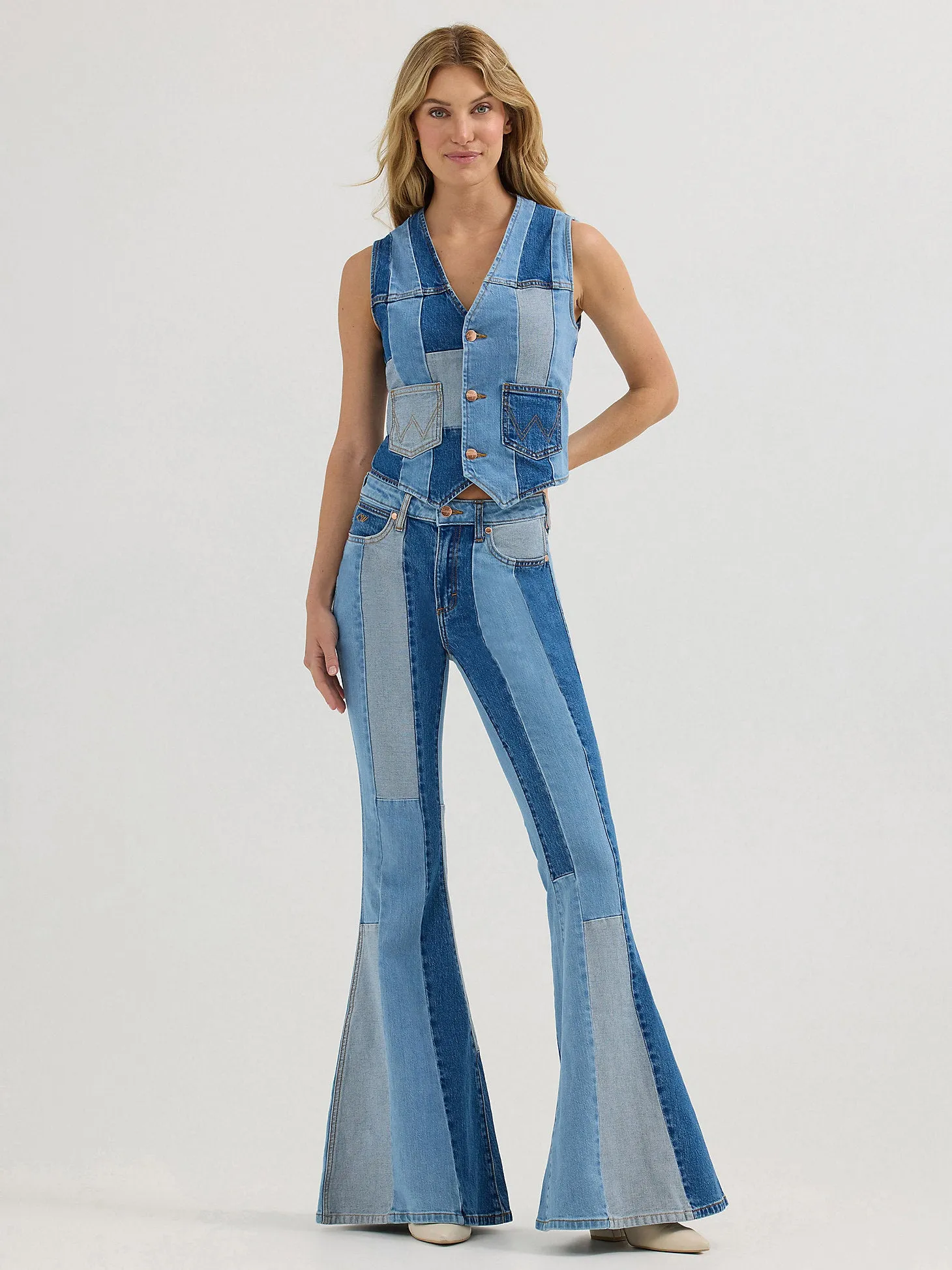 Wrangler X Lainey Wilson Patchwork Blues Bell Bottom Jeans